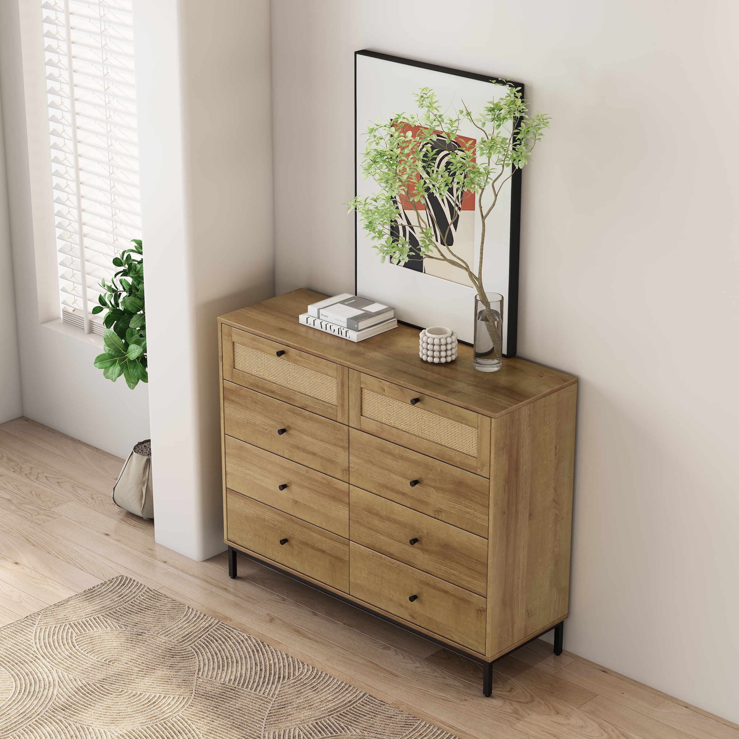 GOODproduct Kombikommode »Motala Wäsche Schrank mit 8 Schubladen Sideboard BOHO Design« Eichen-Design mit schwarzen Griffen und Geflecht Schubladen,  Kommode Schrank Wäscheschrank mit 8 Schubladen
