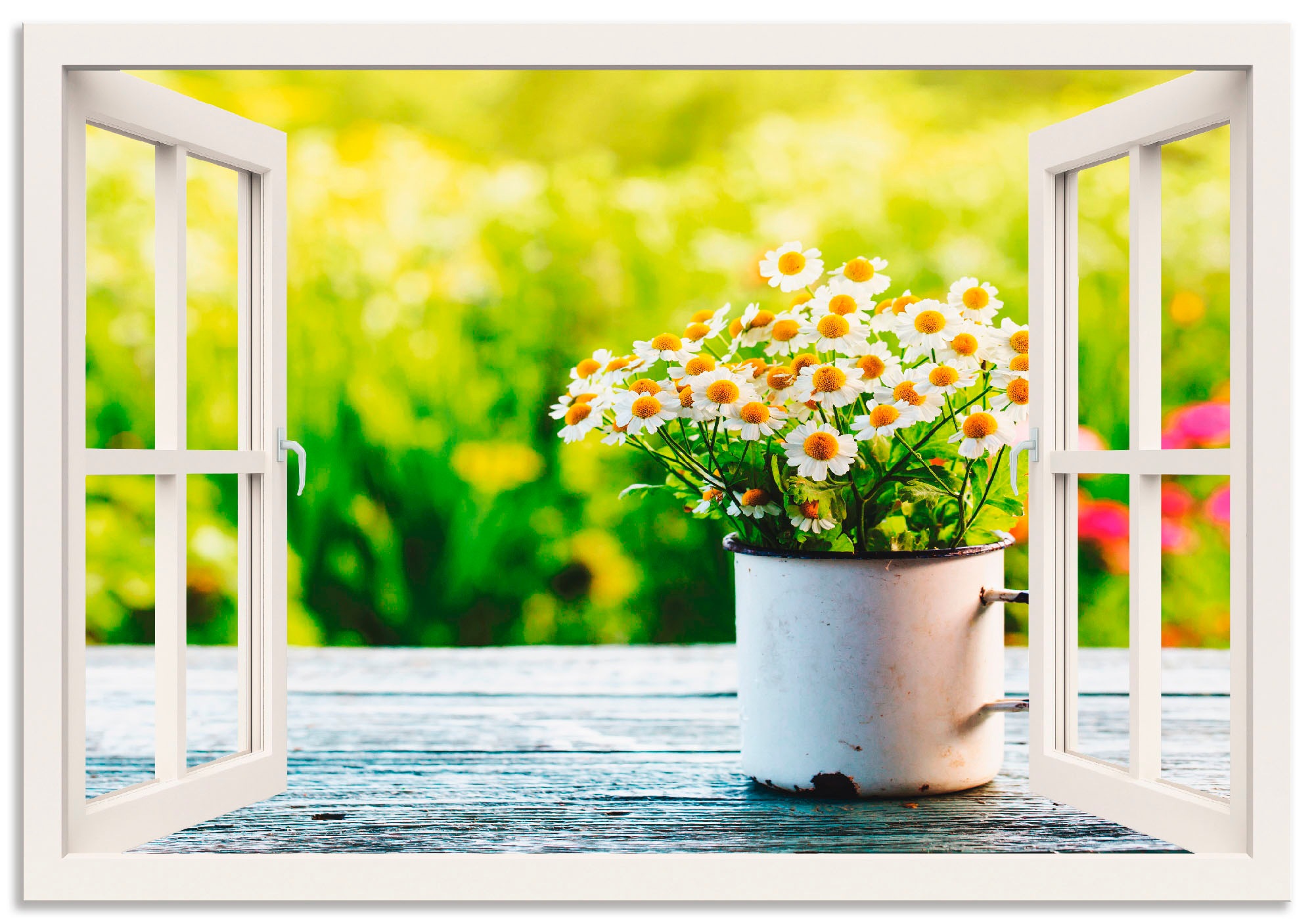 Artland Wandbild »Fensterblick Garten mit Gänseblümchen«, Alubild, Poster Grössen als Blumen, Leinwandbild, (1 St.), oder Wandaufkleber kaufen versch. in