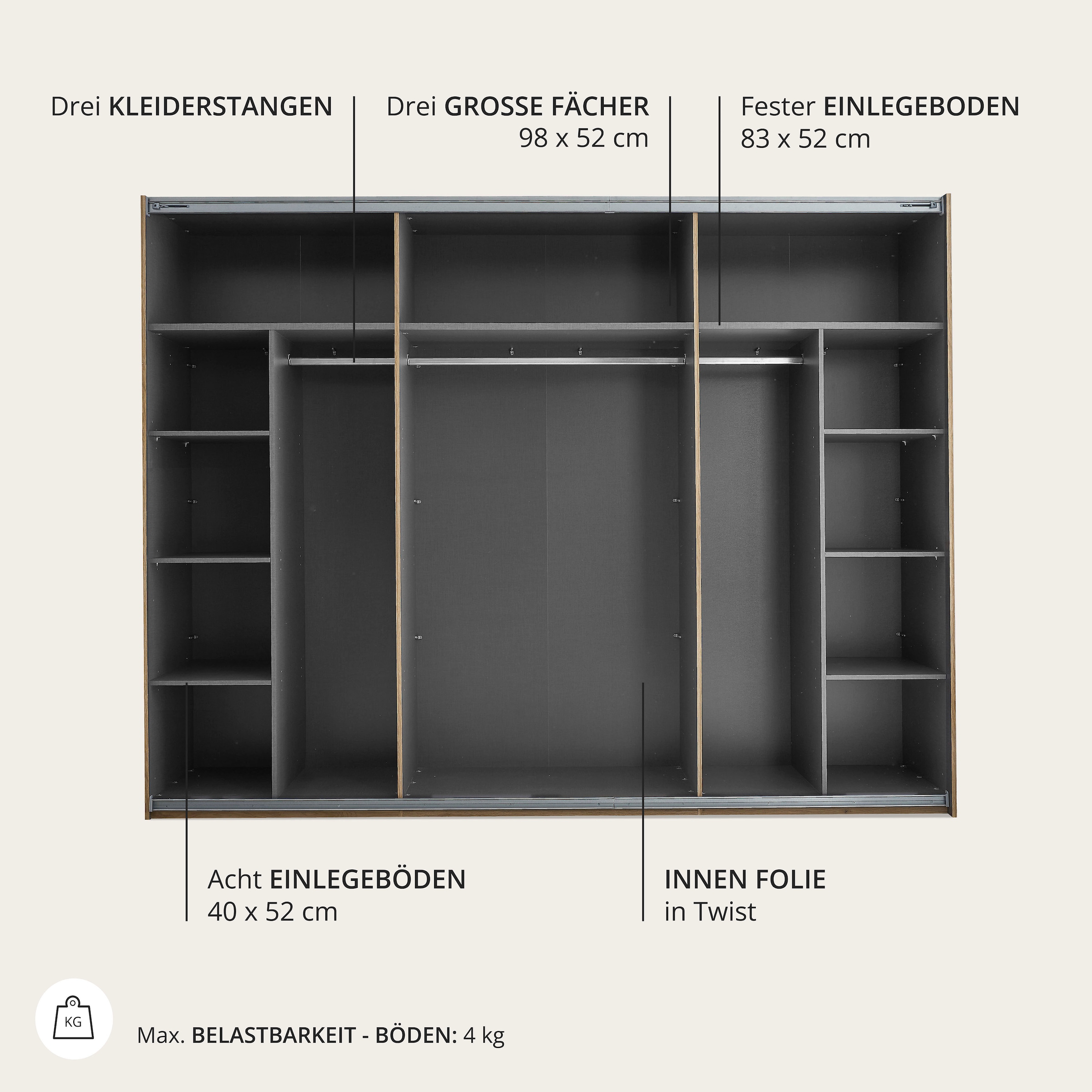Schlafkontor Armoire à portes coulissantes »Mesio, 2-türiger Kleiderschrank, Schiebetürenschrank mit viel Stauraum« inklusive Hoteleinteilungen aussen und Einlegeböden oben