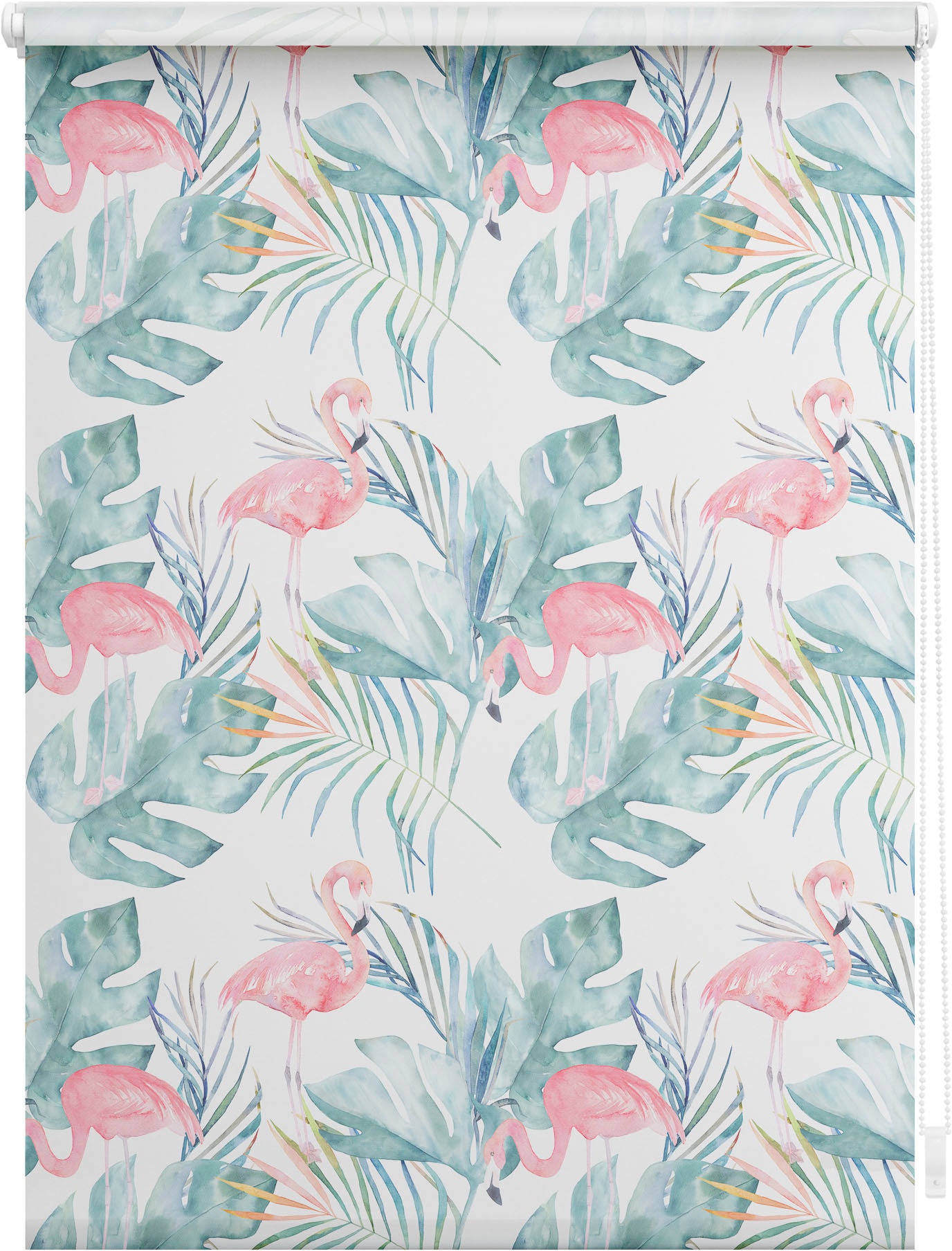 Image of LICHTBLICK ORIGINAL Seitenzugrollo "Rollo Klemmfix, ohne Bohren, blickdicht, Flamingo - Rosa Grün" blickdicht Blendschutz Sichtschutz freihängend