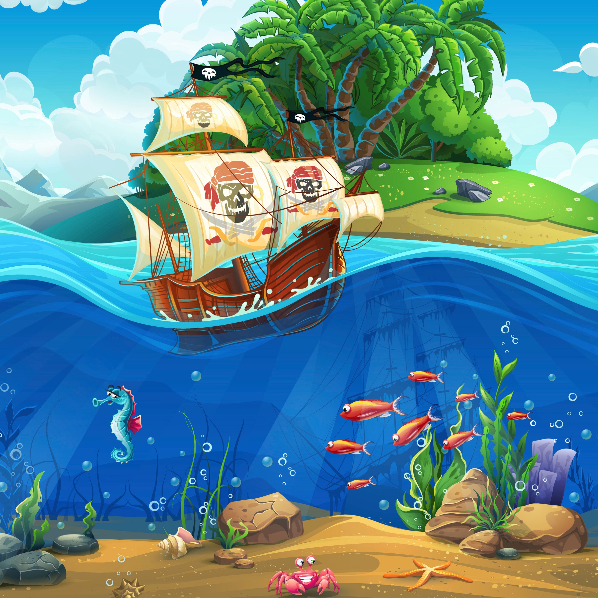 Image of Papermoon Fototapete »PIRATENSCHIFFE-PALMEN FISCHE MEER ABSTRAKT DESIGN DEKO«, Vliestapete, hochwertiger Digitaldruck, inklusive Kleister bei Ackermann Versand Schweiz