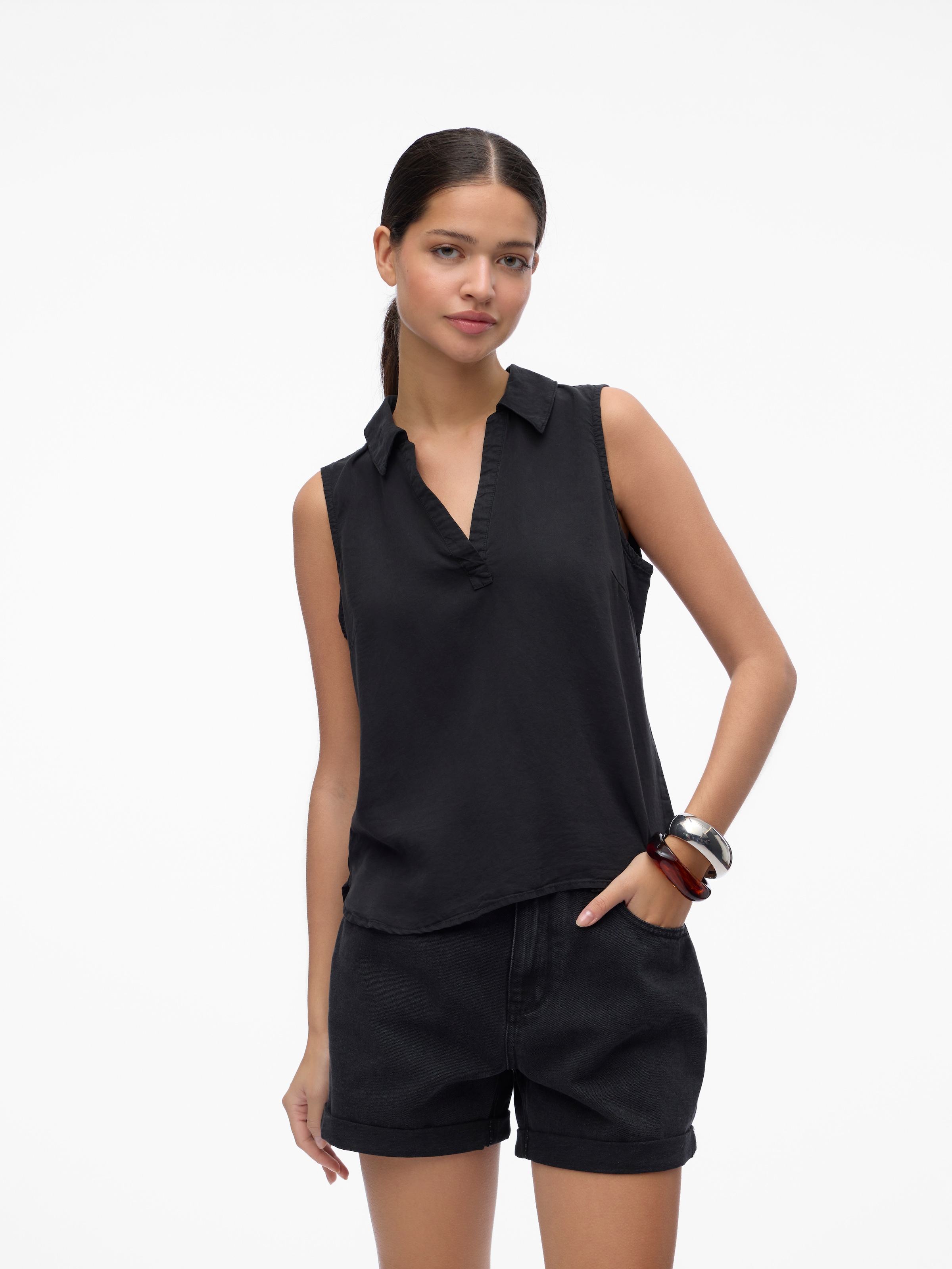 Image of Vero Moda Shirttop "VMHARPER SL COLLAR SHORT TENCEL TOP GA" Viskose, regular fit