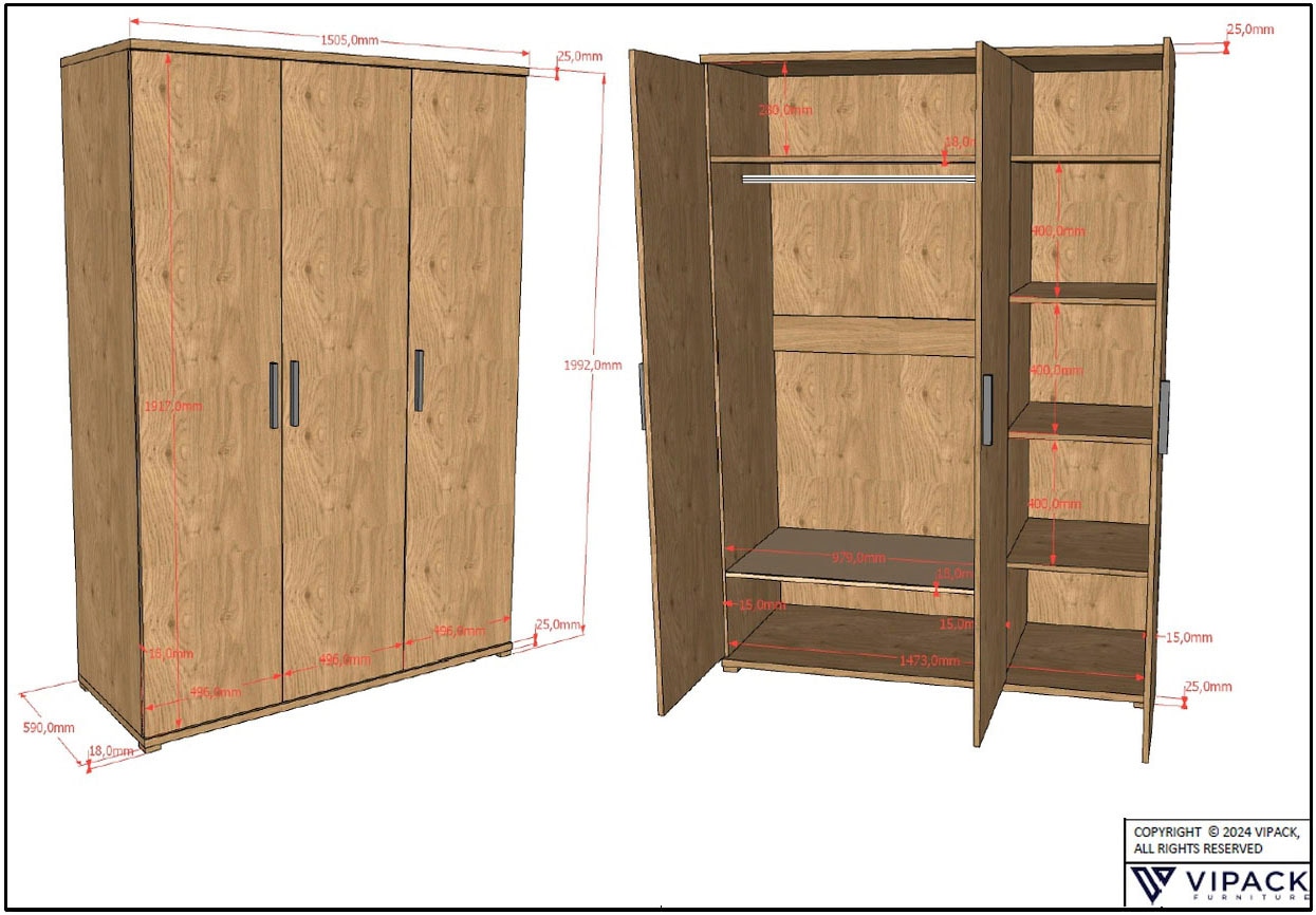 Vipack Jugendzimmer-Set »SAM - Bett, Nachtkonsole, Kleiderschrank 3-trg., gradliniges Design« Schubladen auf Metallauszug, Kleiderschrank 3-trg. mit viel Stauraum, 3 tlg. tlg.