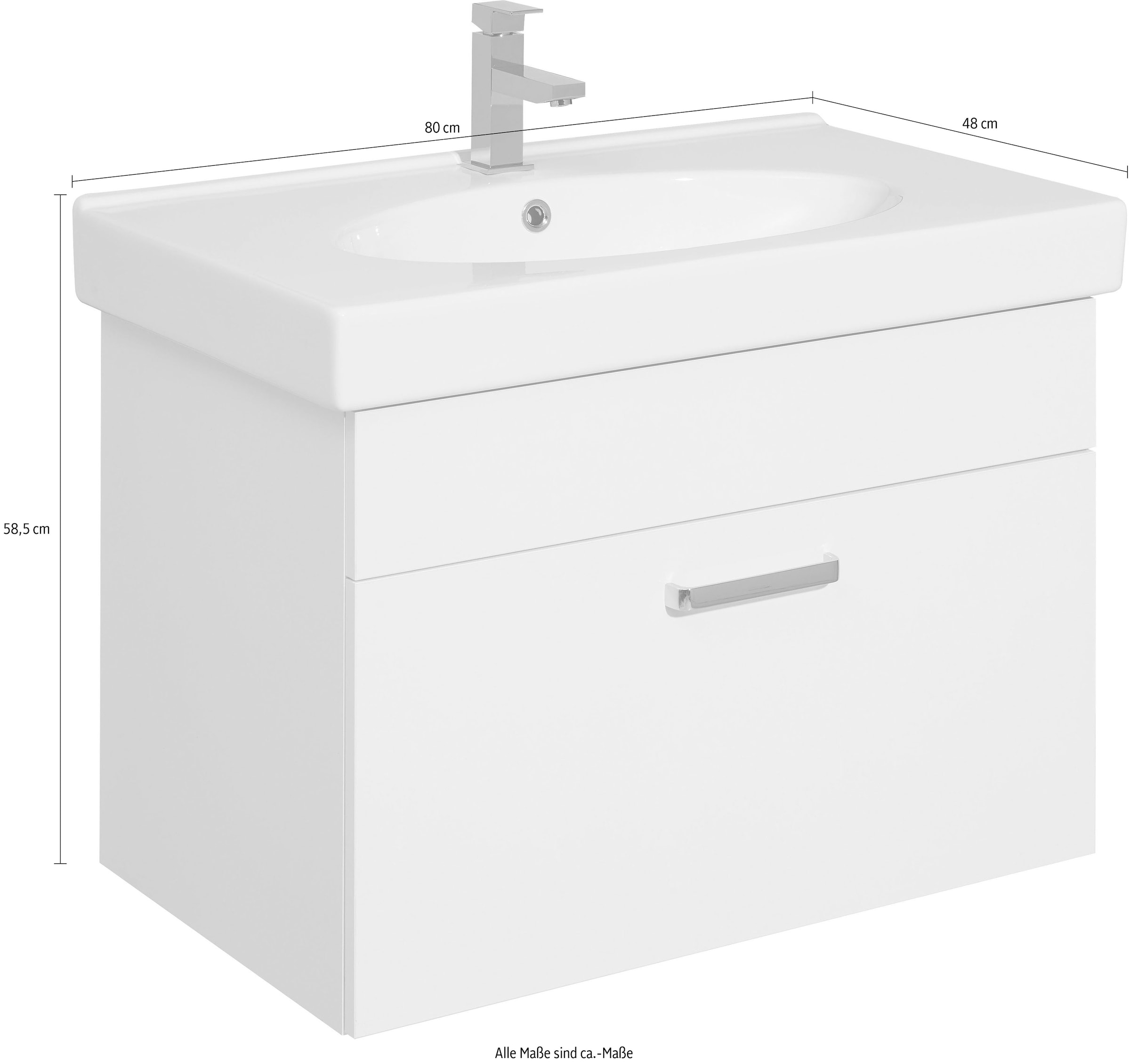 Saphir Waschtisch »Quickset Keramikwaschtisch mit Unterschrank, 80 cm breit, Badmöbel« Waschplatz mit 1 Schublade, inkl. Türdämpfer, Griffe Chrom Glanz