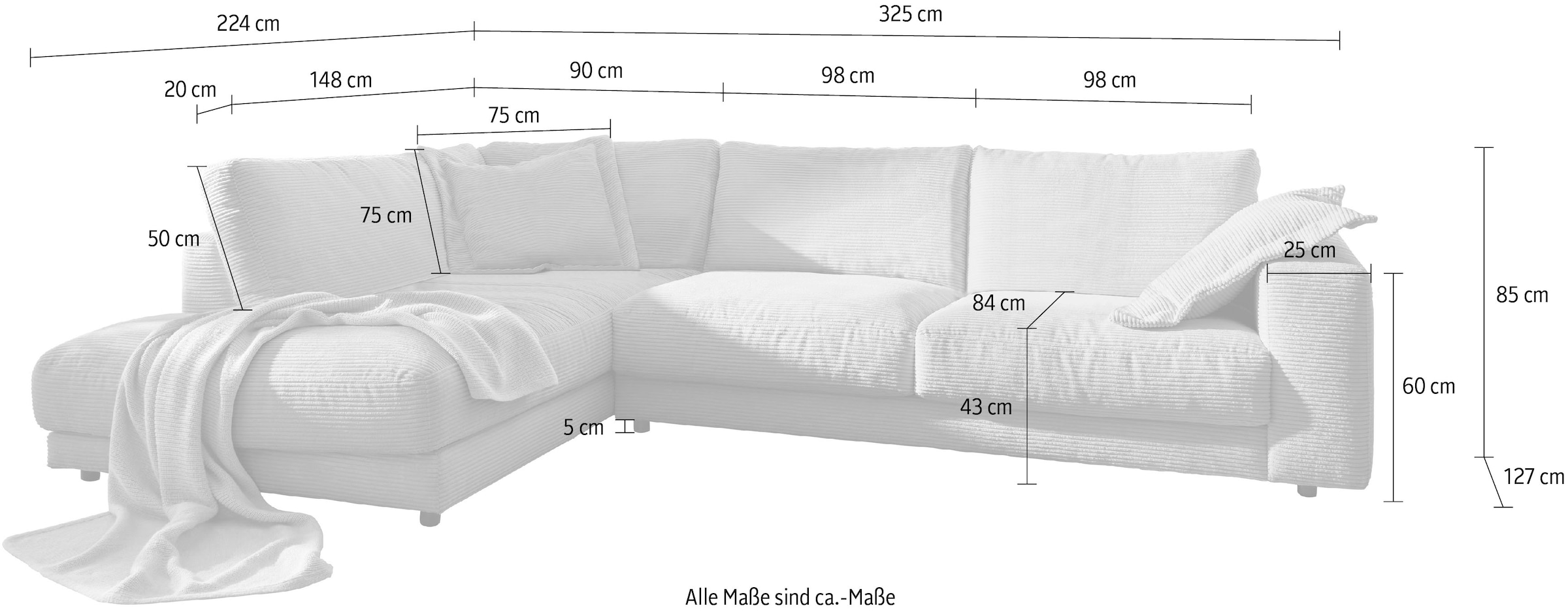 Home affaire Ecksofa »Enisa XXL  B/T/H: 325/224/85 cm L-Form« Kuschelig, gemütlich, in 5 Farben, Bezug in Cord, mit 2 Zierkissen