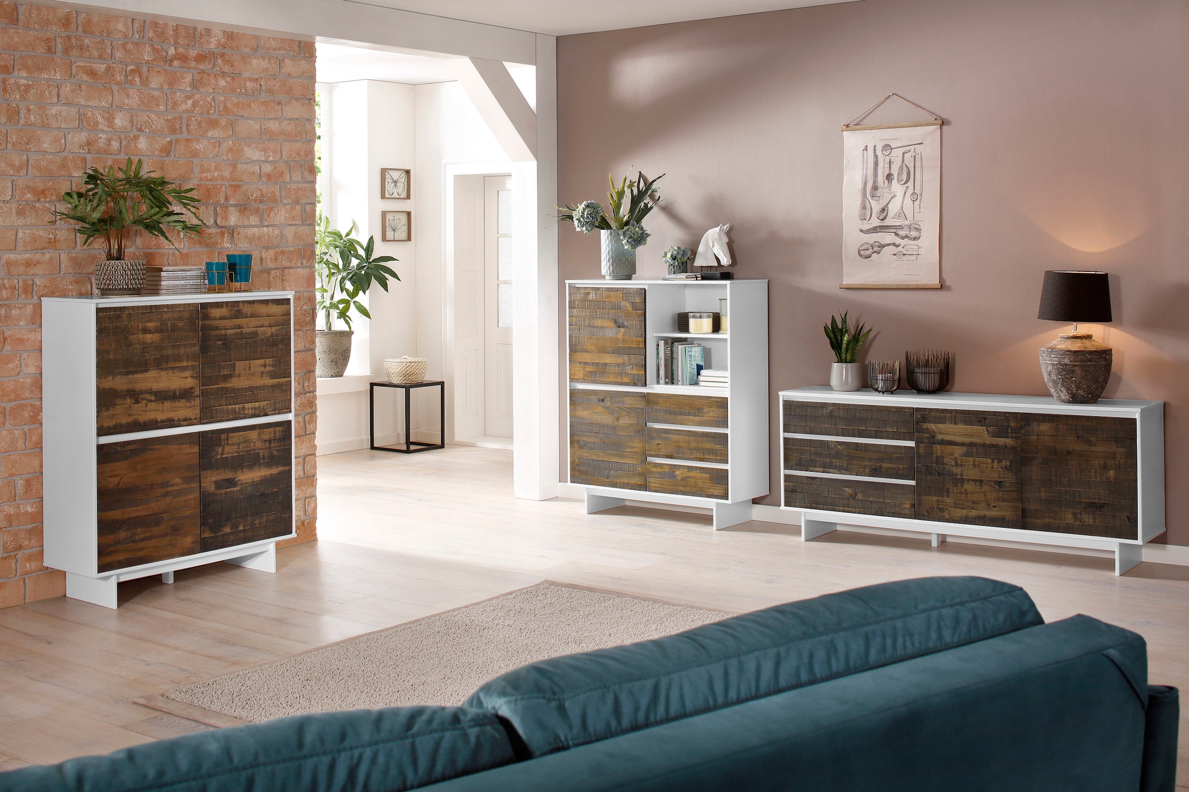 Home affaire Highboard »Morgan Midischrank Hochkommode«, aus massivem Kiefernholz, mit eingefrästen Griffmulden, Breite 120 cm