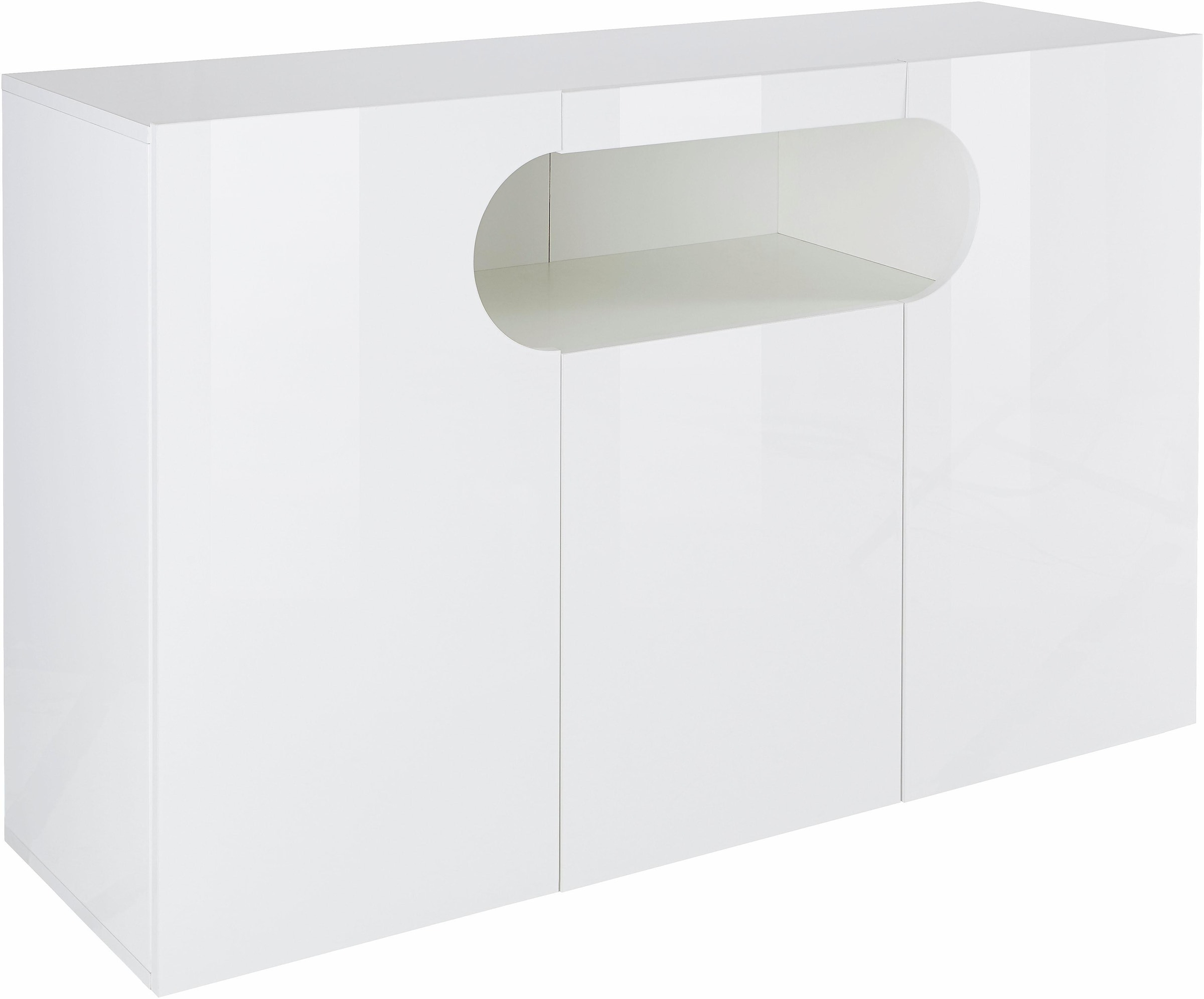 INOSIGN Sideboard »Real,Vitrine,Kommode,Schrank,Breite 130 cm komplett hochglanz lackiert«, mit 3Türen davon 2 abgerundet, die ein ovales offenes Fach bilden