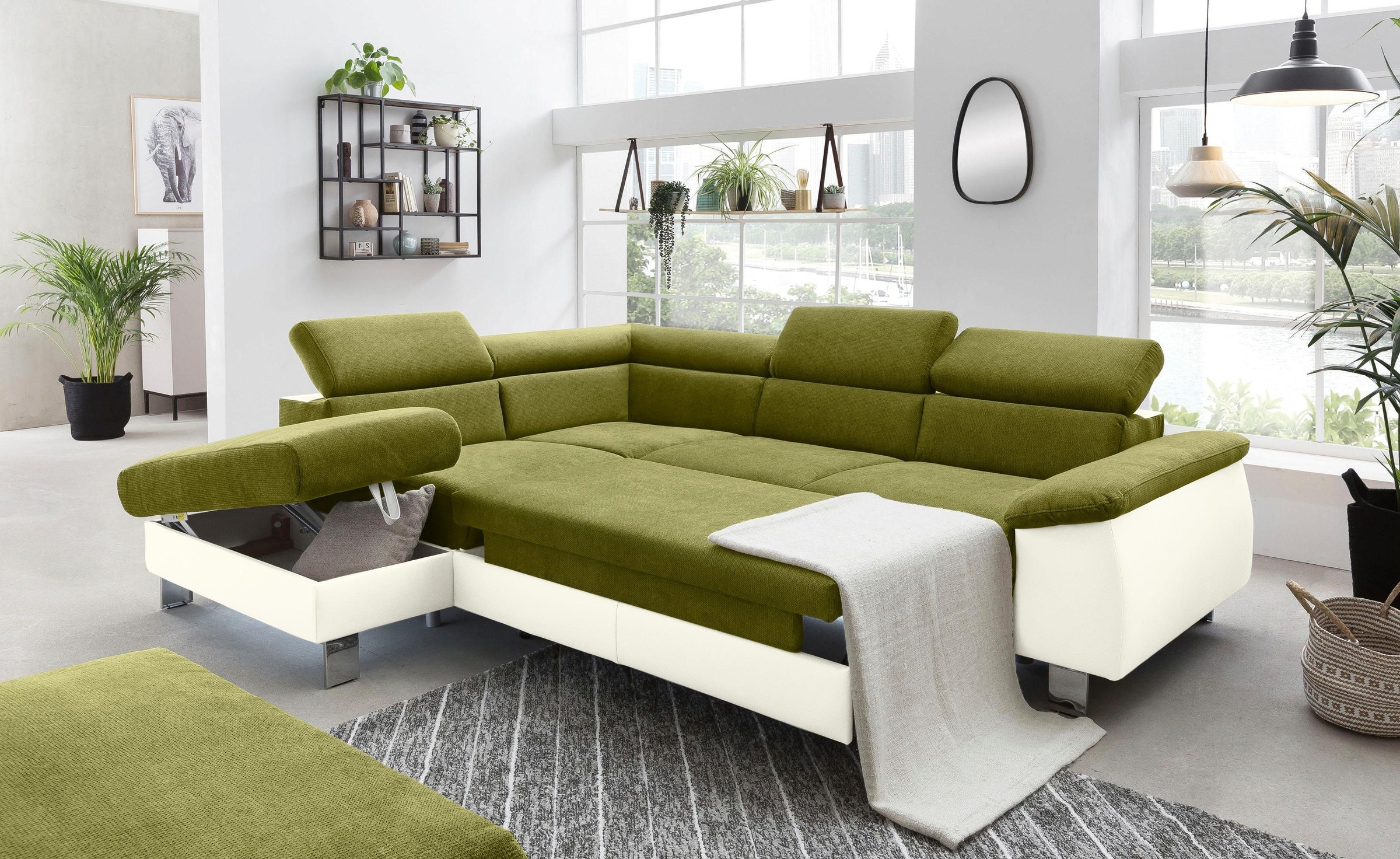 COTTA Ecksofa »Komaris L-Form mit Kopfteilverstellung«, wahlweise mit Bettfunktion, Bettkasten & Beleuchtung