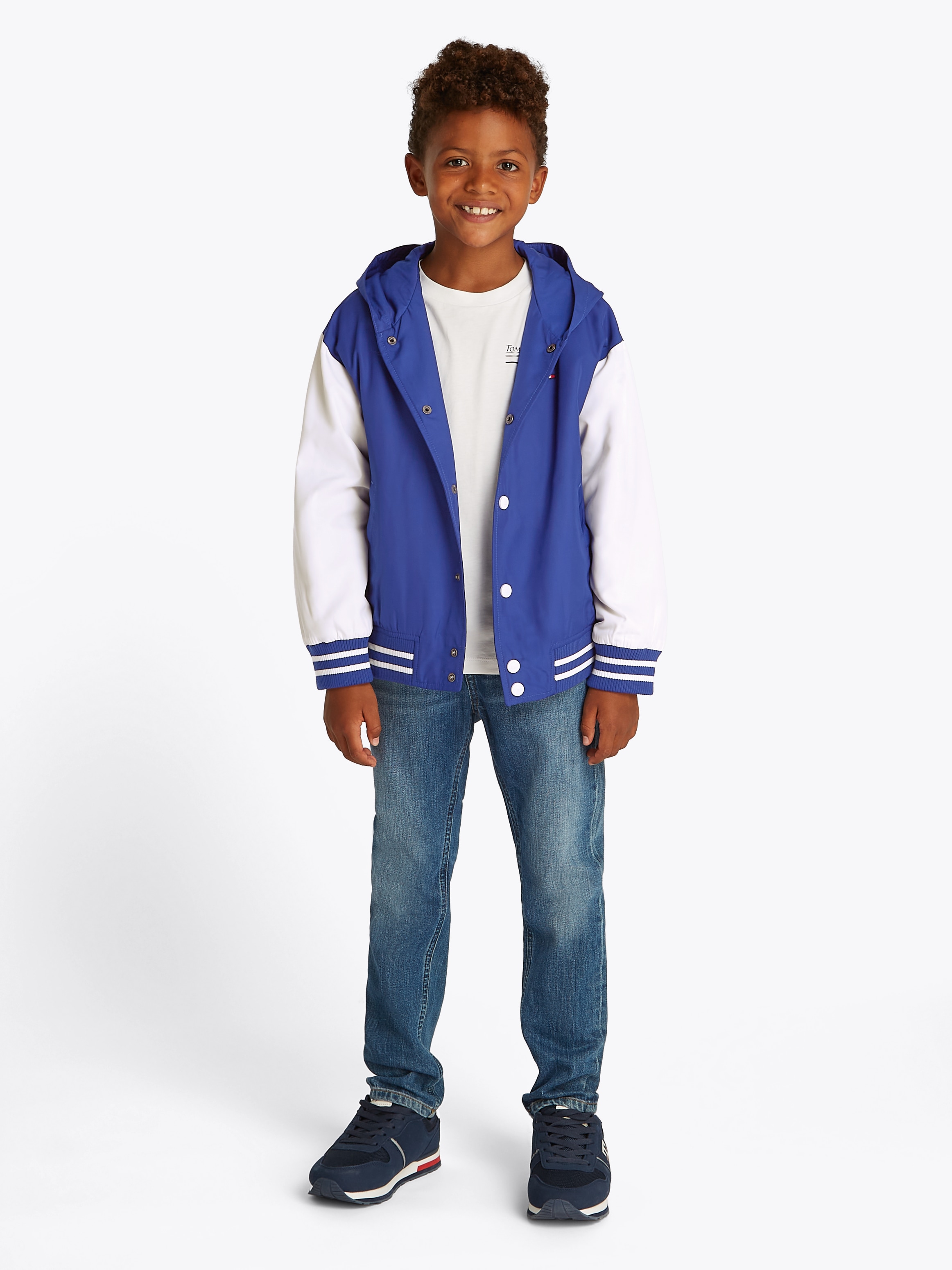 Tommy Hilfiger Bomberjacke »HOODED GRAPHIC BOMBER«, mit Kapuze, mit grossem Logo, Kontrast-Streifen