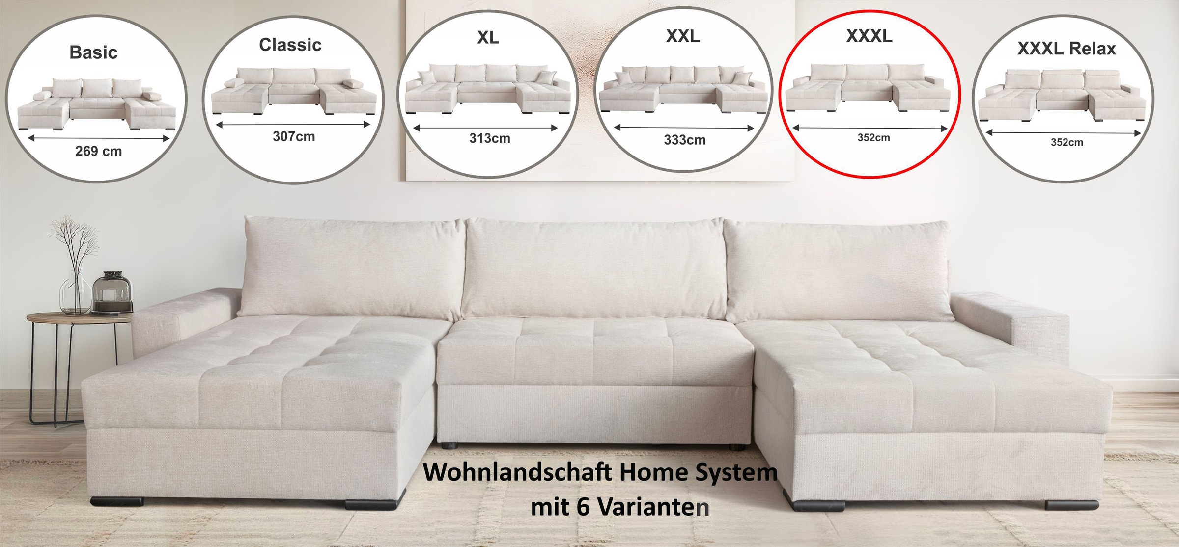 Image of GOODproduct Wohnlandschaft "Home System U-Form, von B: 269-352 cm wählbar, 6 Varianten zur Auswahl" Bettfunktion, Bettkasten & Zierkissen, Federkern