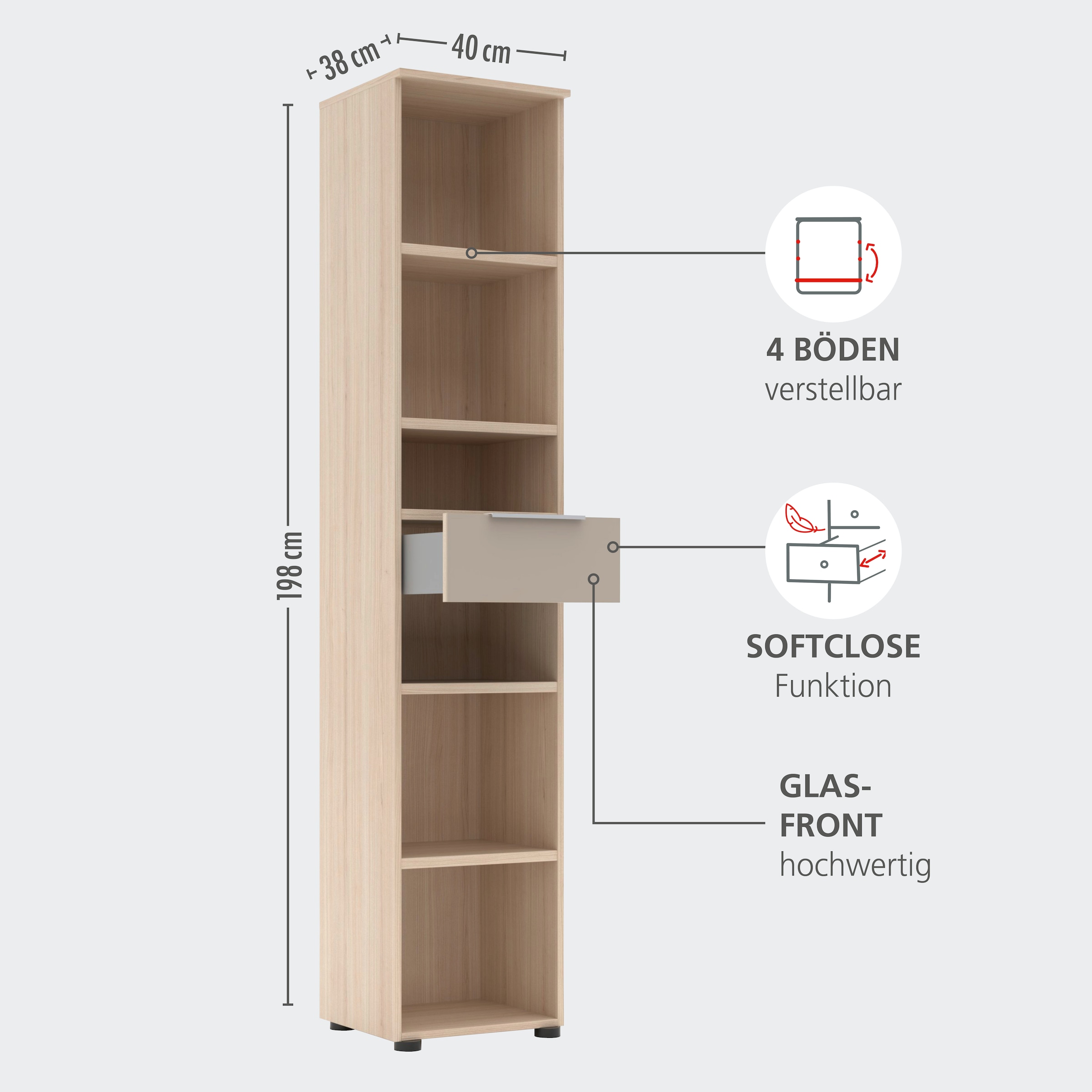 Innostyle Étagère à dossiers »Büroregal Santorin, 40x 198x 38 cm (B/H/T)« 1 cuis tlg. 1 tiroir, 6 compartiments ouverts, softclose, poignée métal