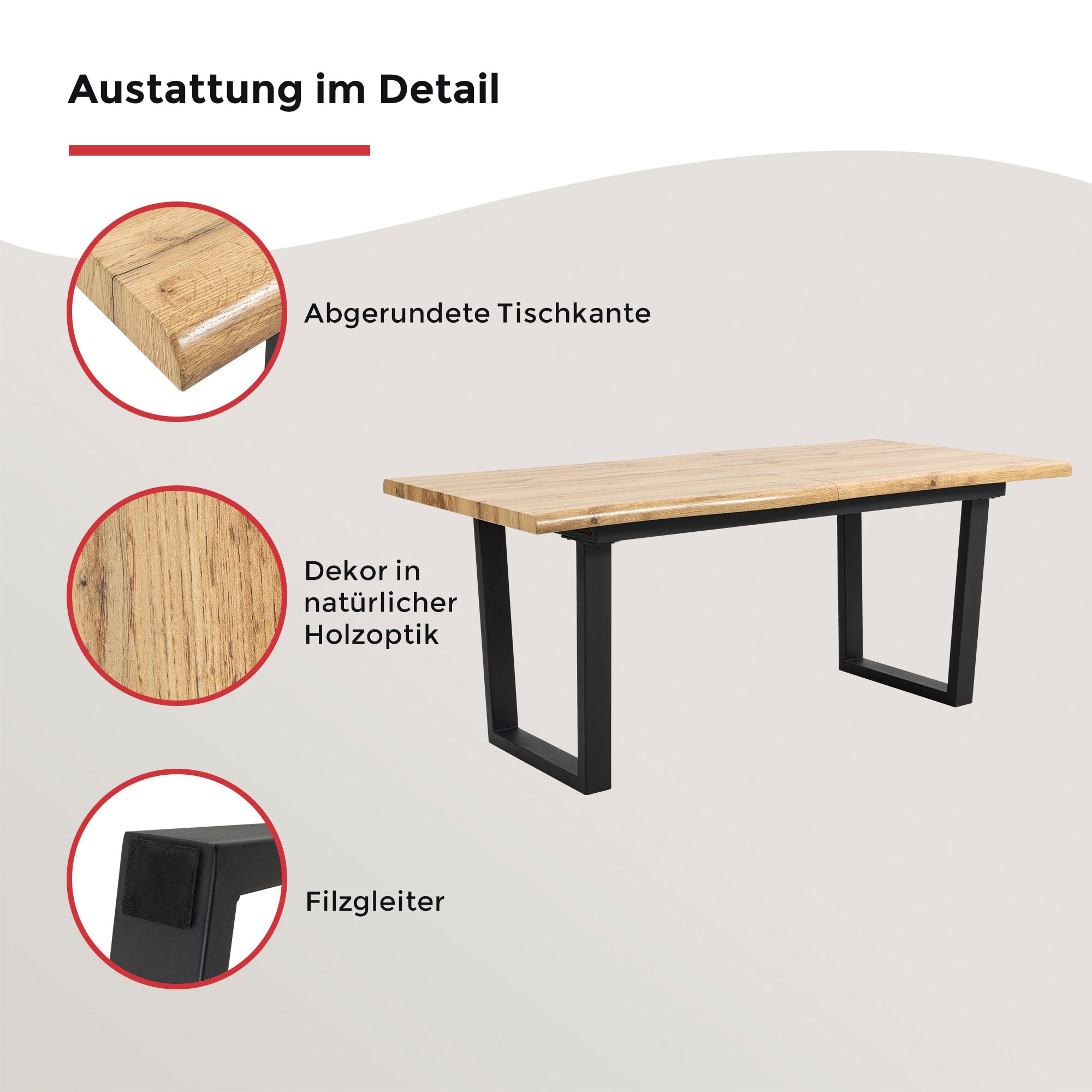 Duo Collection Table de salle à manger »Ausziehtisch« 1 cuis tlg. 1,80m - 2,20m, aspect bord d'arbre, structure massive en luge