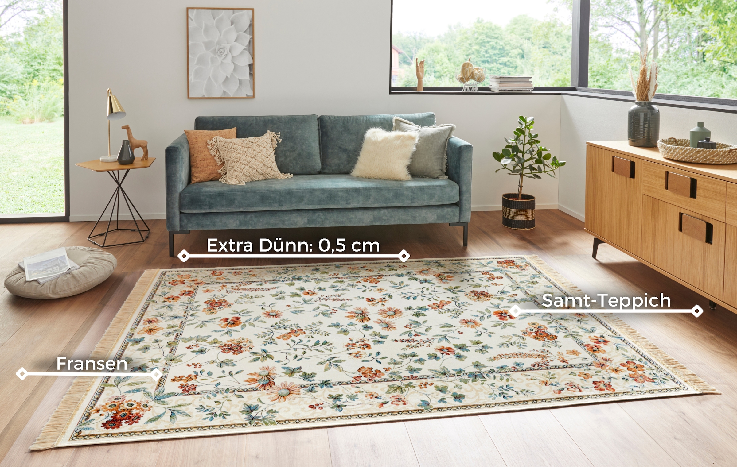 NOURISTAN Teppich »Orient Flowers«, rechteckig, 5 mm Höhe, Kurzflor mit Fransen, Orient, Wohnzimmer, Schlafzimmer, Esszimmer