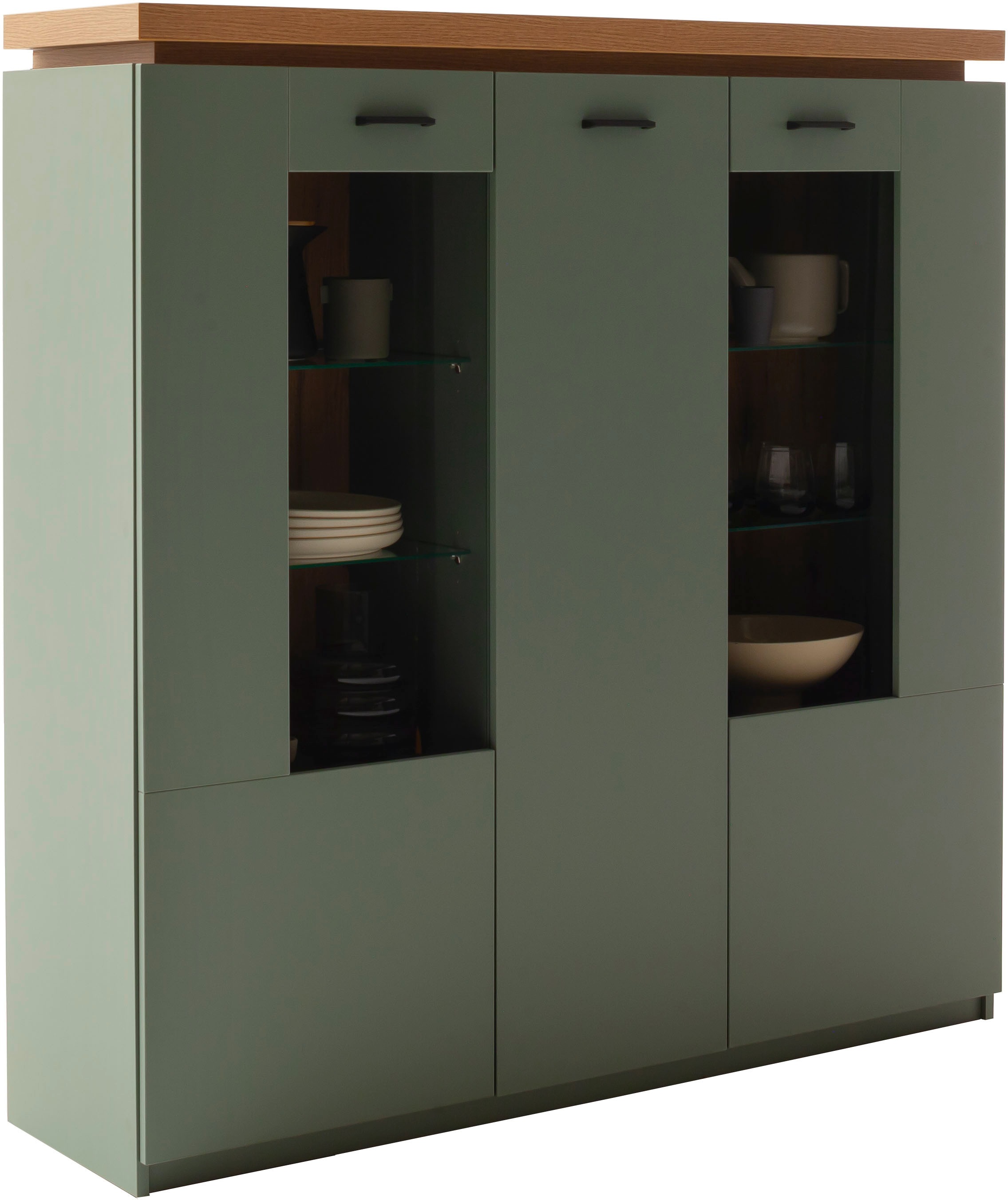 MCA furniture Highboard »MONIZ Highboard« 1 Stk. tlg. Hochkommode,Kommode,Eiche,Salbeigrün,3 Türen,gedämpft,Breite 138 cm