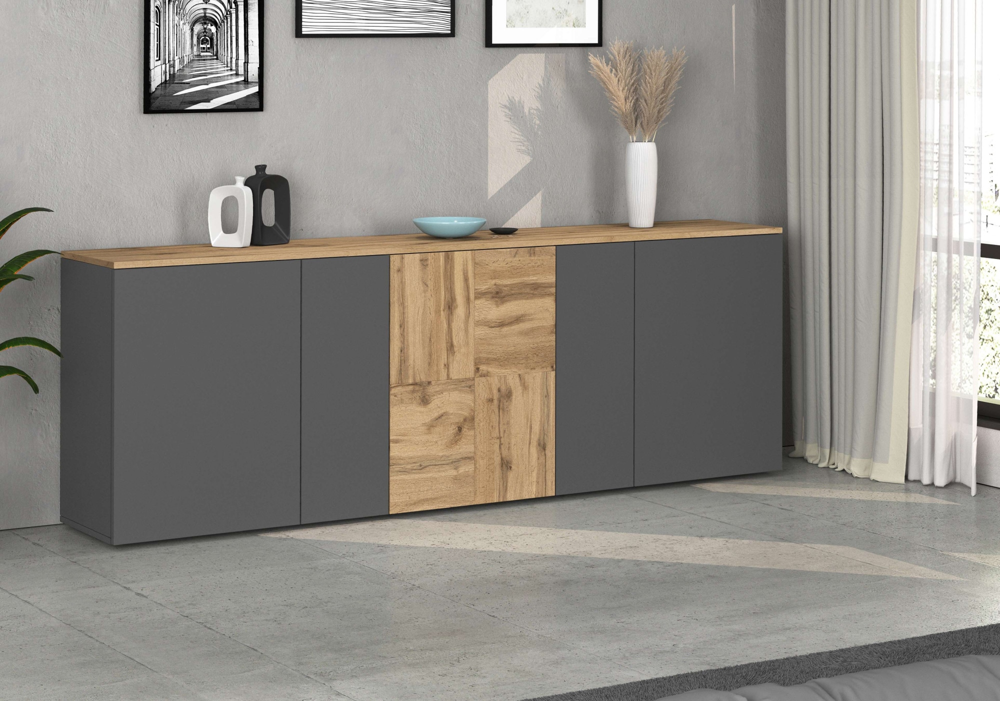 GOODproduct Sideboard »ISEO, Kommode, Schrank, Sideboard, Lowboard, 6 Fächer, Breite 200 cm« 1 Stk. tlg. stehend/hängend, 5 Türen, 6 Fächer, Breite 200 cm