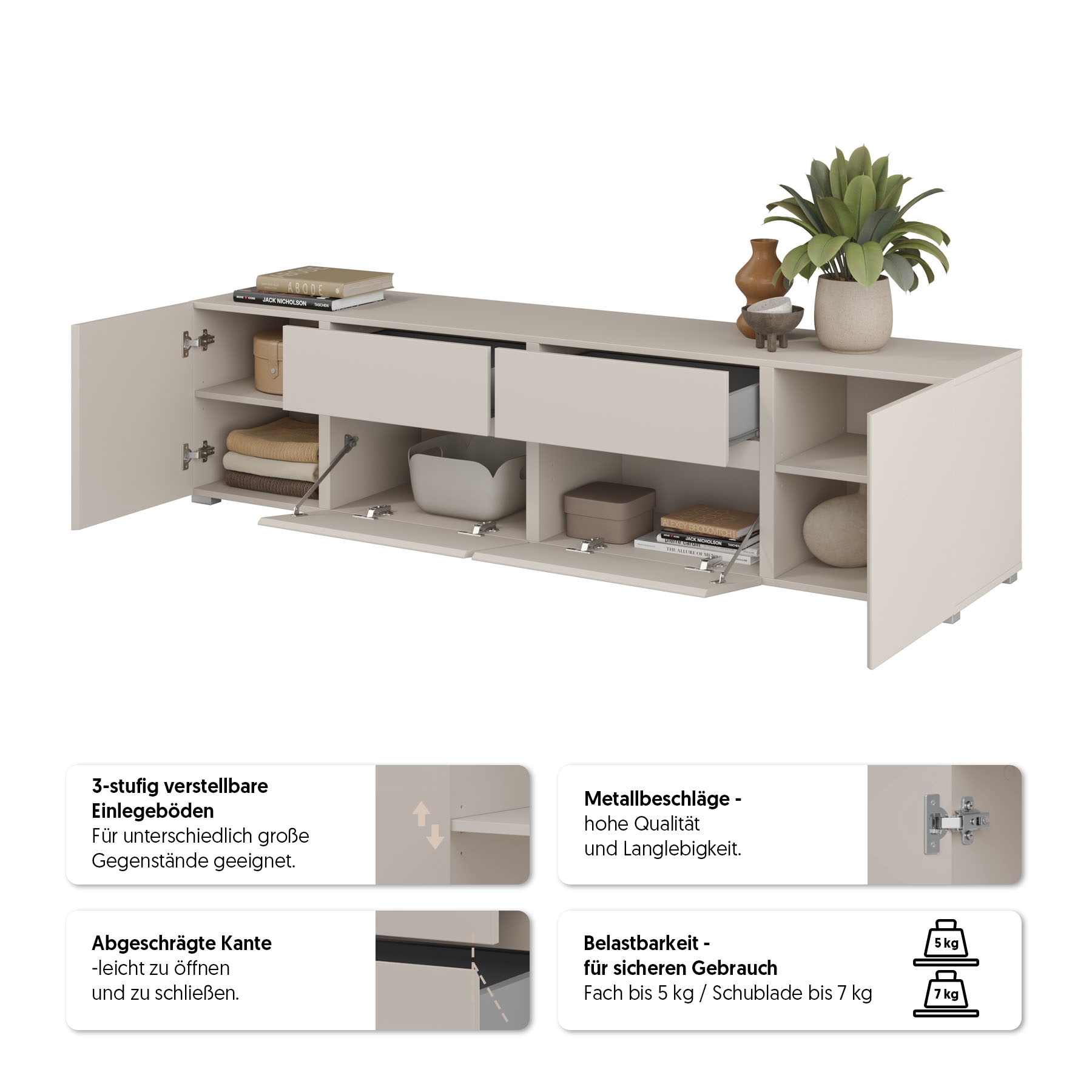 GOODproduct Table basse »Metric,Breite 195cm, grifflose Lowboard 2Klappen/2Schubkästen/2Tür« TV-Schrank mit viel Stauraum, TV-Board