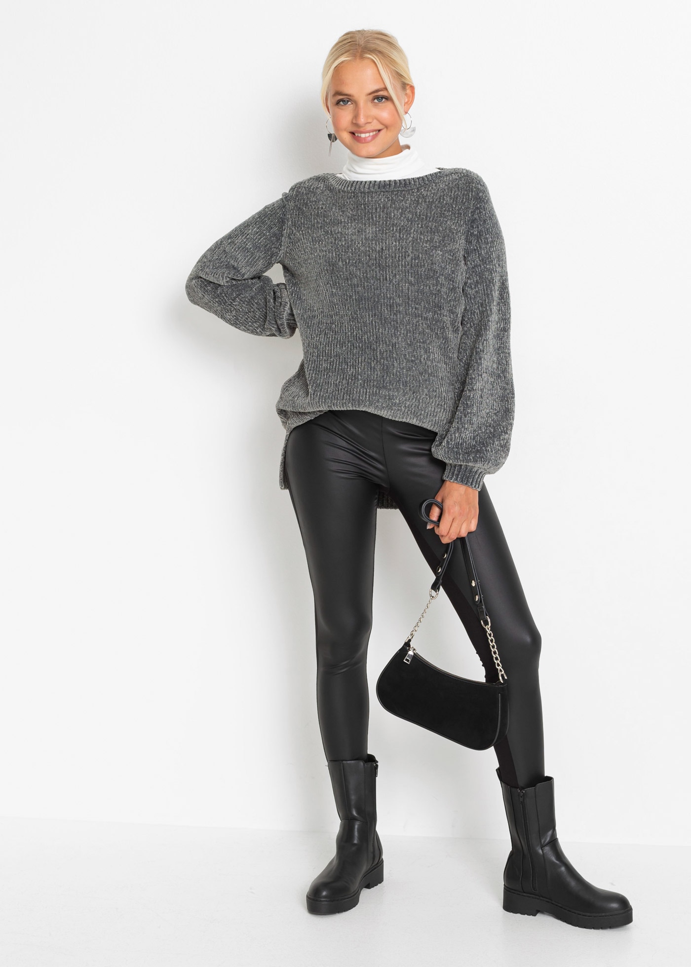 bonprix Pull long »Chenille-Longpullover« aus Chenille, mit breitem U-Boot-Ausschnitt, für kühle Tage