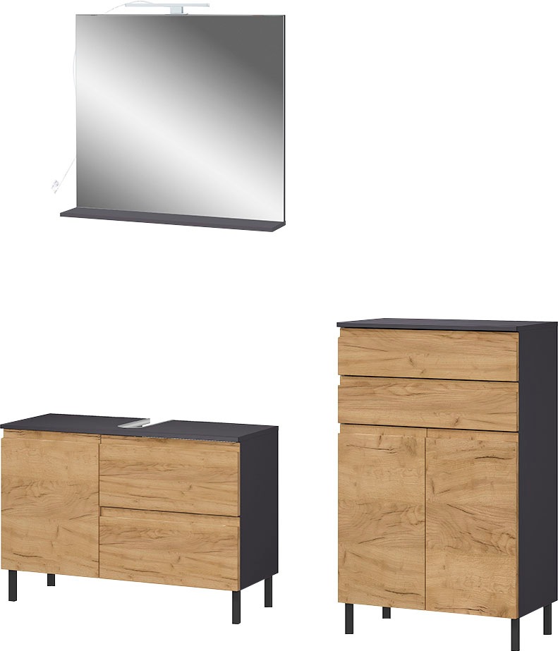 Image of GERMANIA Badmöbel-Set »Scantic«, (Set, 3 St.), aus Spiegel, Waschbeckenunterschrank, Badkommode, inklusive Beleuchtung, grifflose Optik, MDF-Fronten bei Ackermann Versand Schweiz