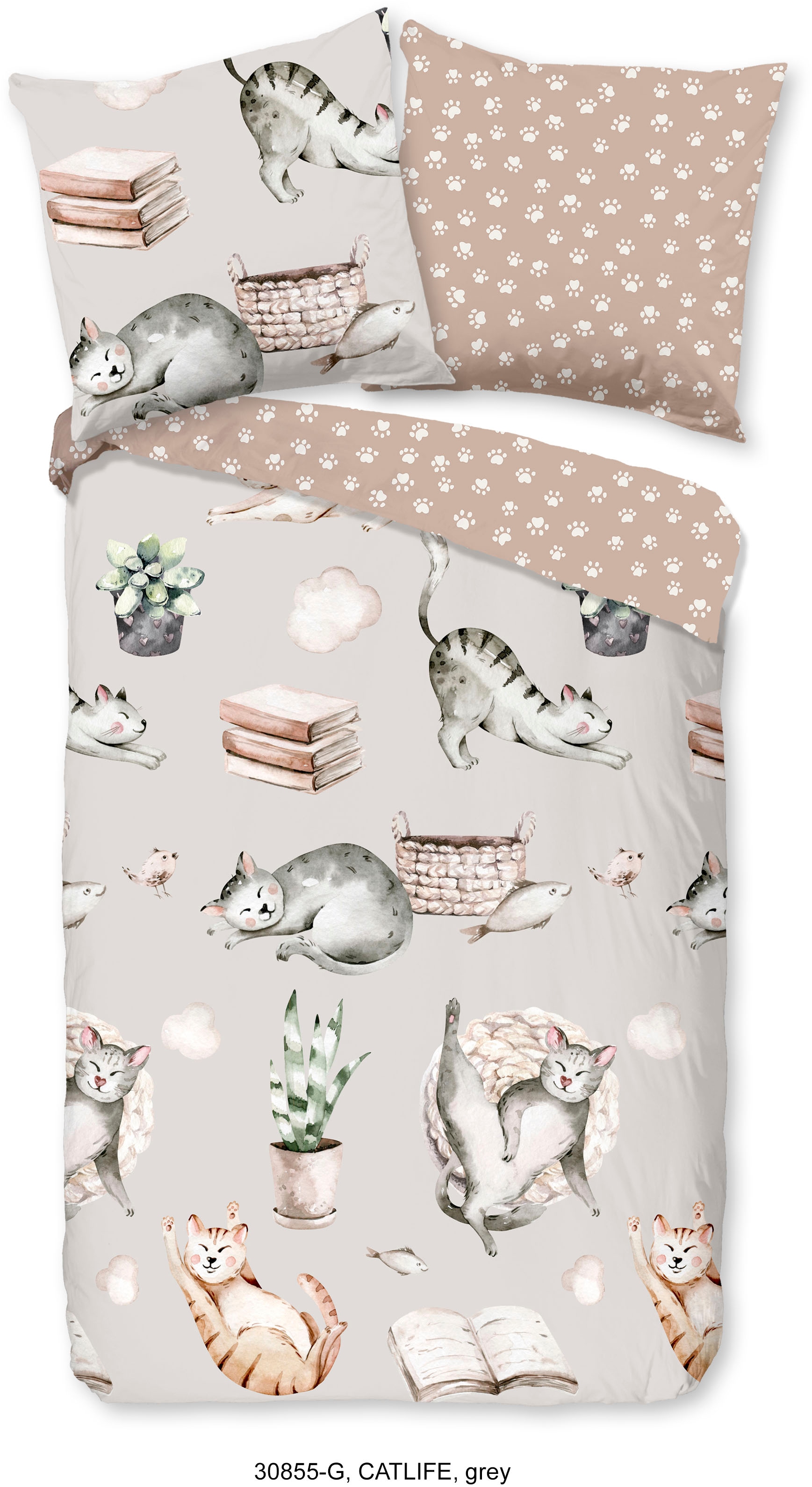 good morning Kinderbettwäsche »Catlife«, Baumwolle, 135x200, Reissverschluss, Wendeoptik, Kind, Katze, Grau