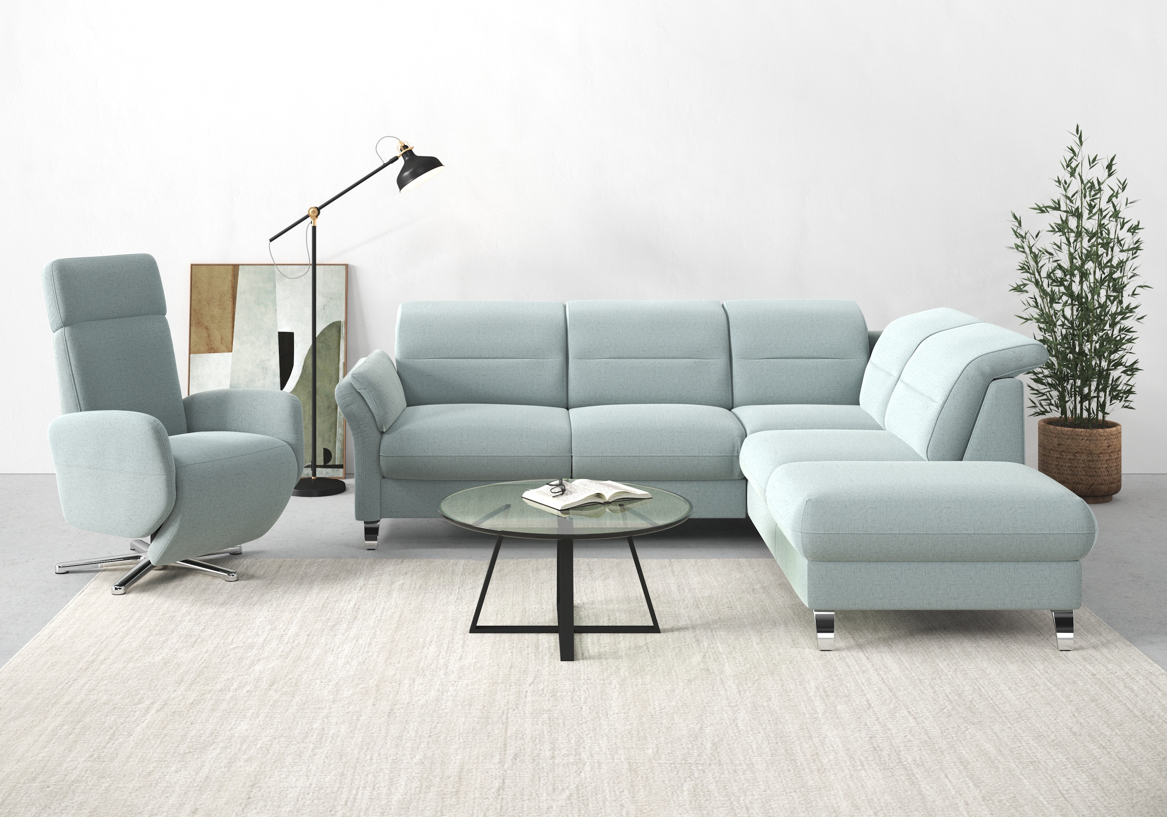 sit&more Canapé d'angle »Grenoble L-Form mit Federkern« avec fonction couchage, coffre à lit, réglage des accoudoirs et du dossier en option