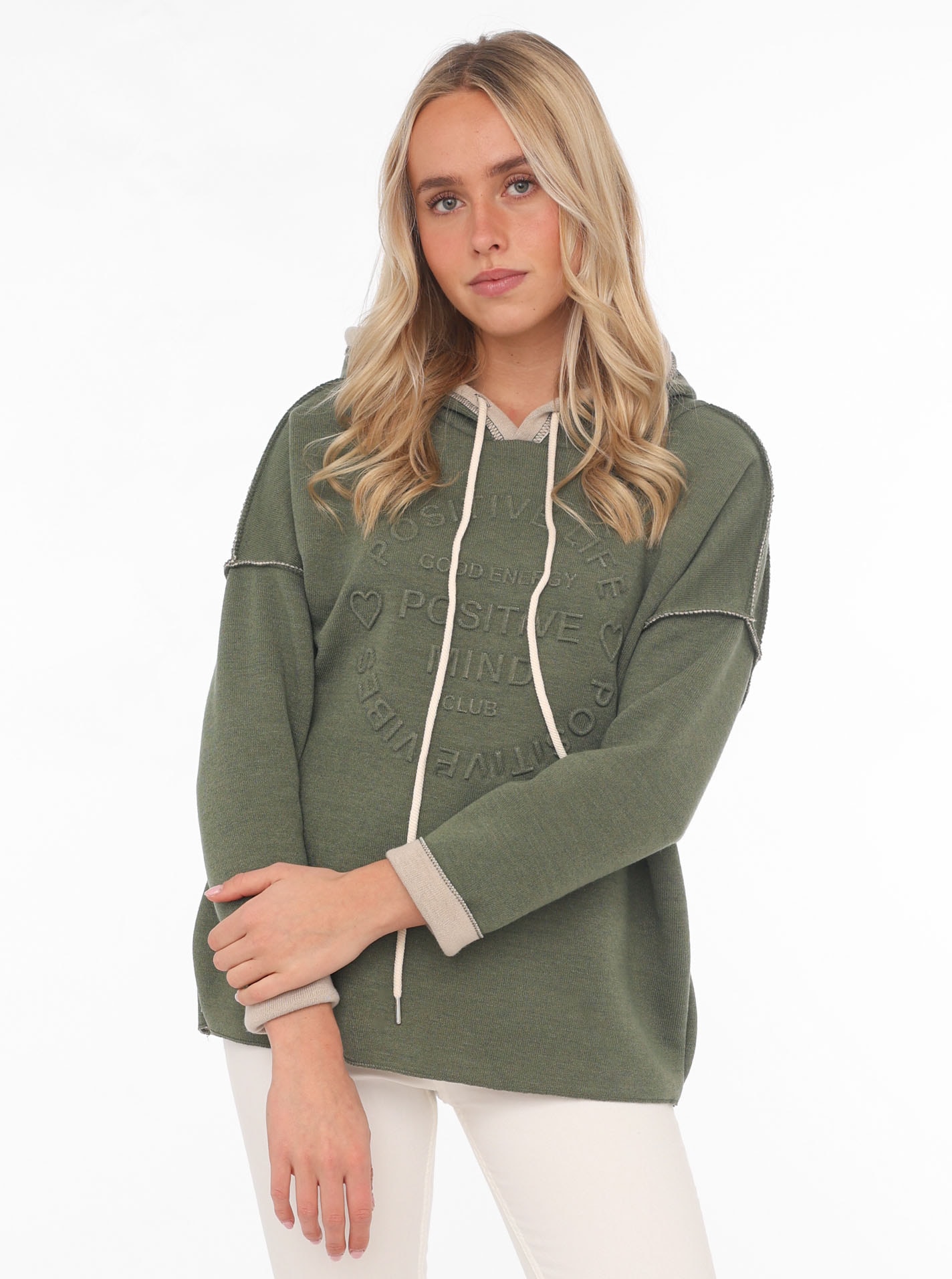 Image of Zwillingsherz Hoodie ""Positive Mind"", Kapuze, 3/4 Arm, tonaler Schriftzug vorn, Kordelzug