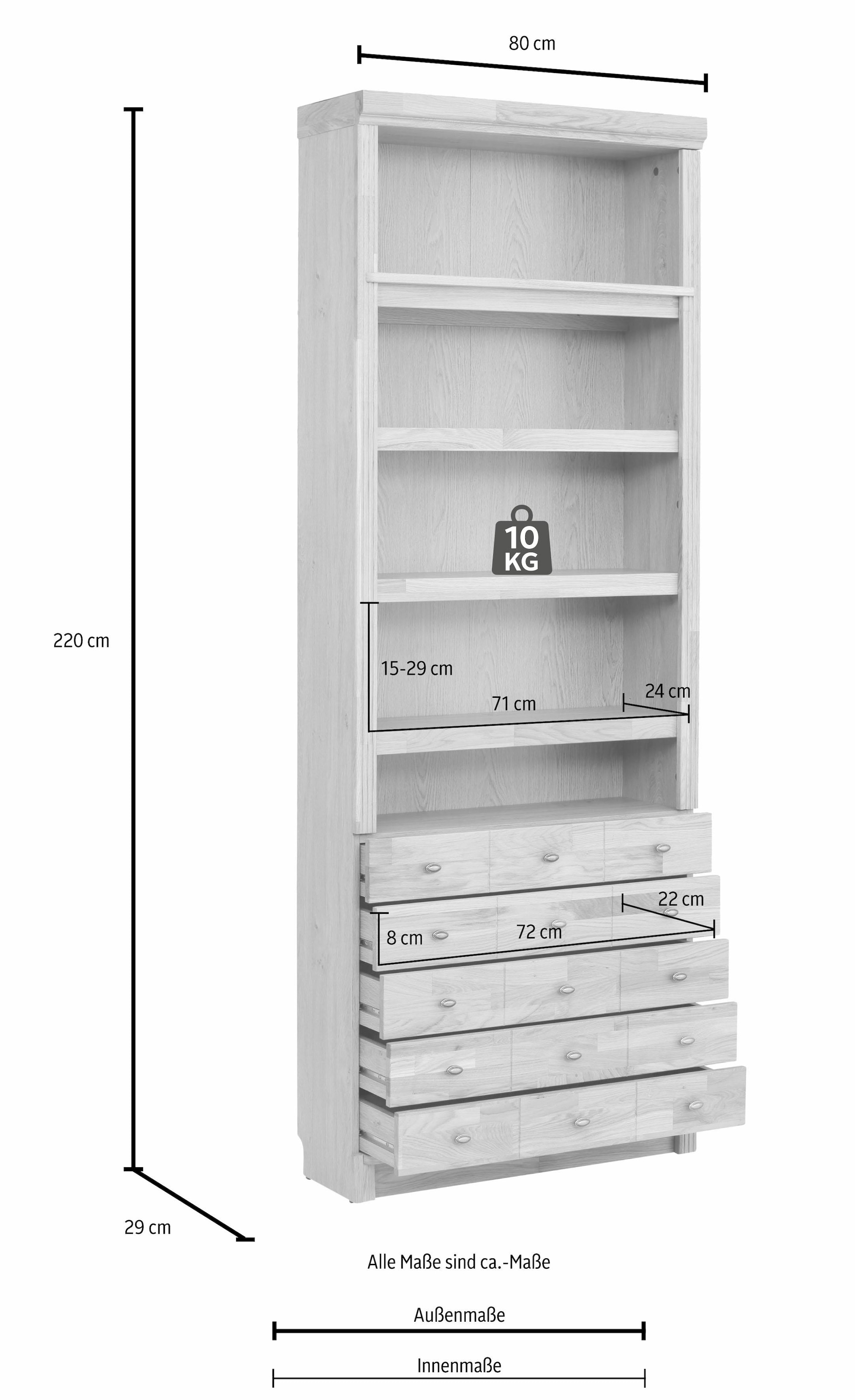 Home affaire Bücherregal »Soeren«, aus massiver Kiefer, in 2 Höhen, Tiefe 29 cm, mit 5 Schubkästen