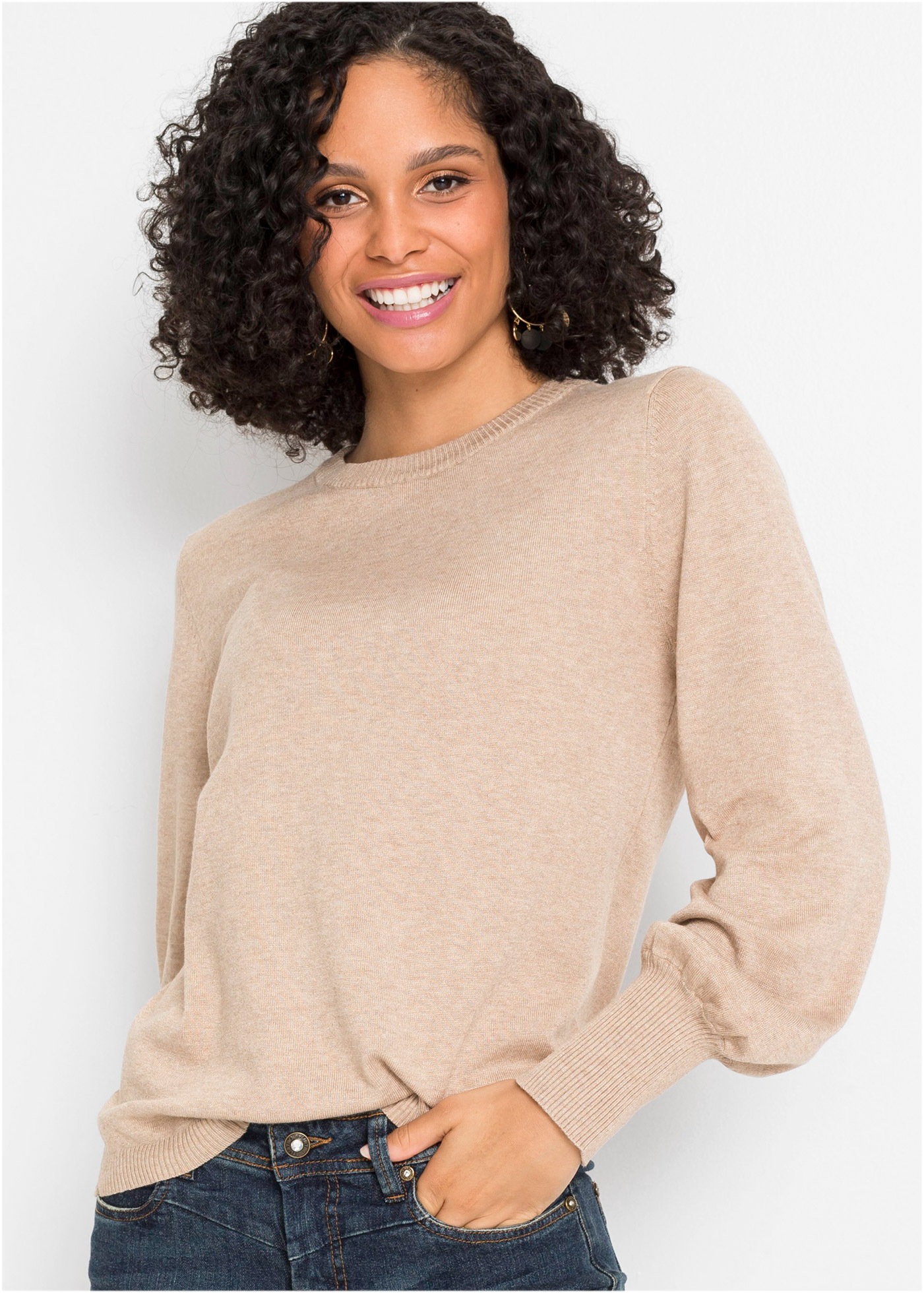 Image of bonprix Strickpullover aus weichem Viskose-Feinstrick, mit Ballon-Ärmeln mit breiten Bündchen
