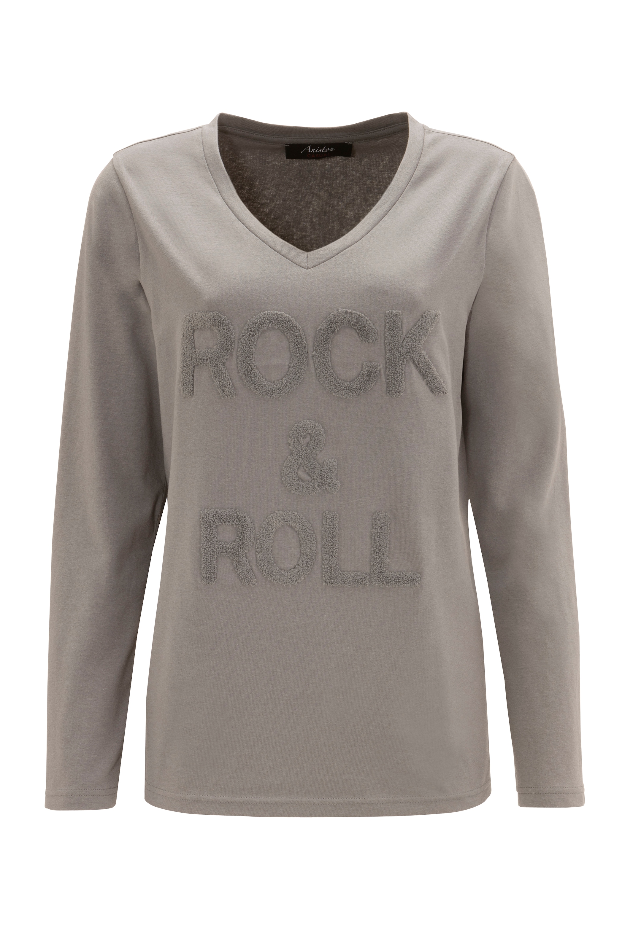 Aniston CASUAL Langarmshirt, mit "rockigem" Schriftzug aus strukturiertem Frottee