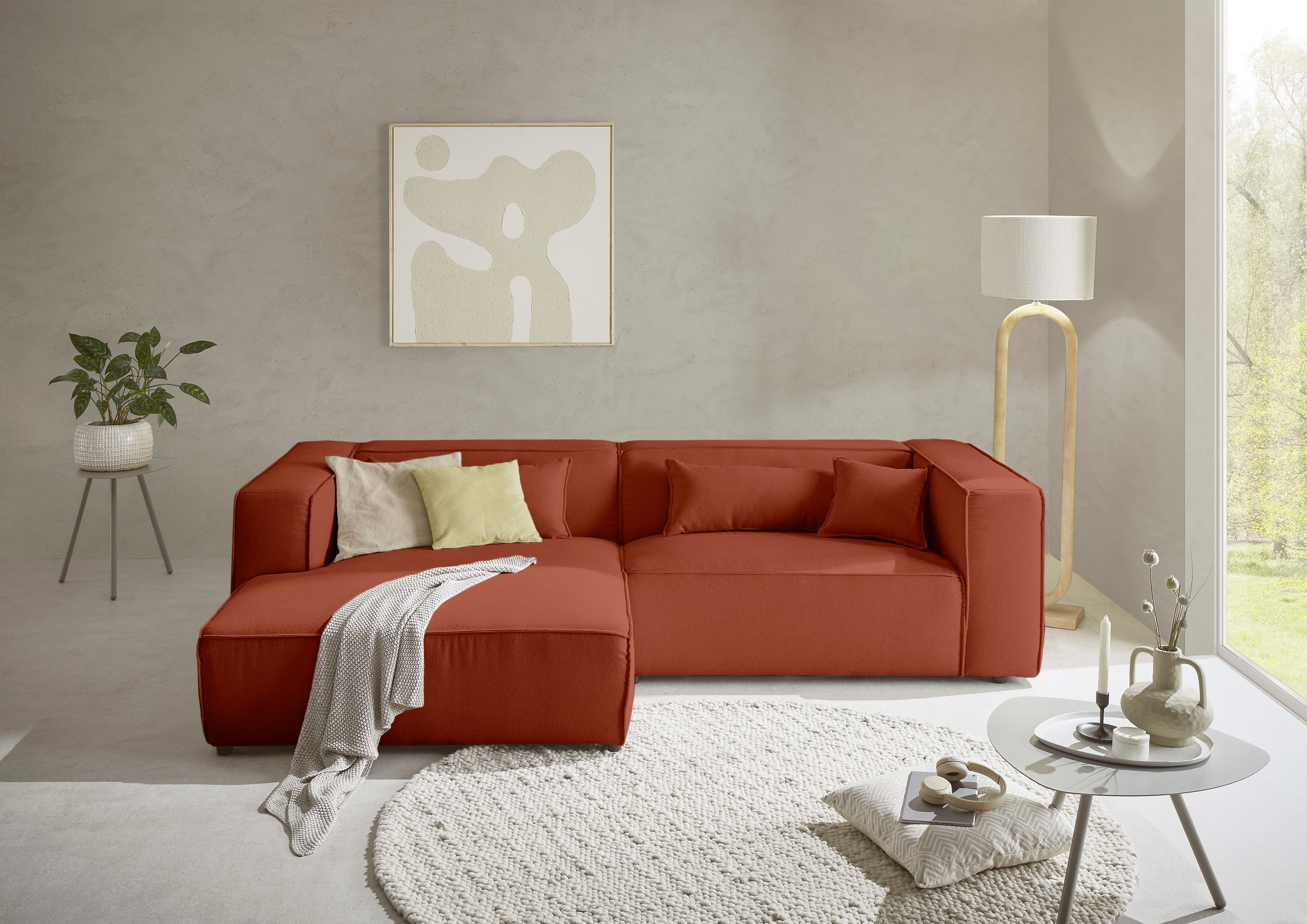 LeGer Home by Lena Gercke Canapé d'angle »PIARA Struktur mit Kedernaht L-Form« ottomane au choix droite/gauche, pieds noirs, confort d'assise agréable
