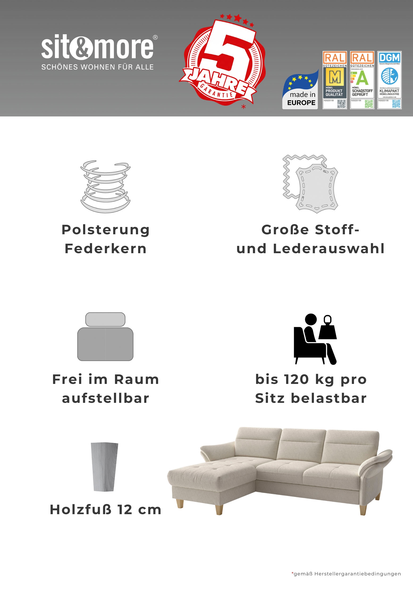 sit&more Paysage de salon »Pamela U-Form, B: 292 cm, optional Schlaffunktion & Armteilverstellung« avec ressorts