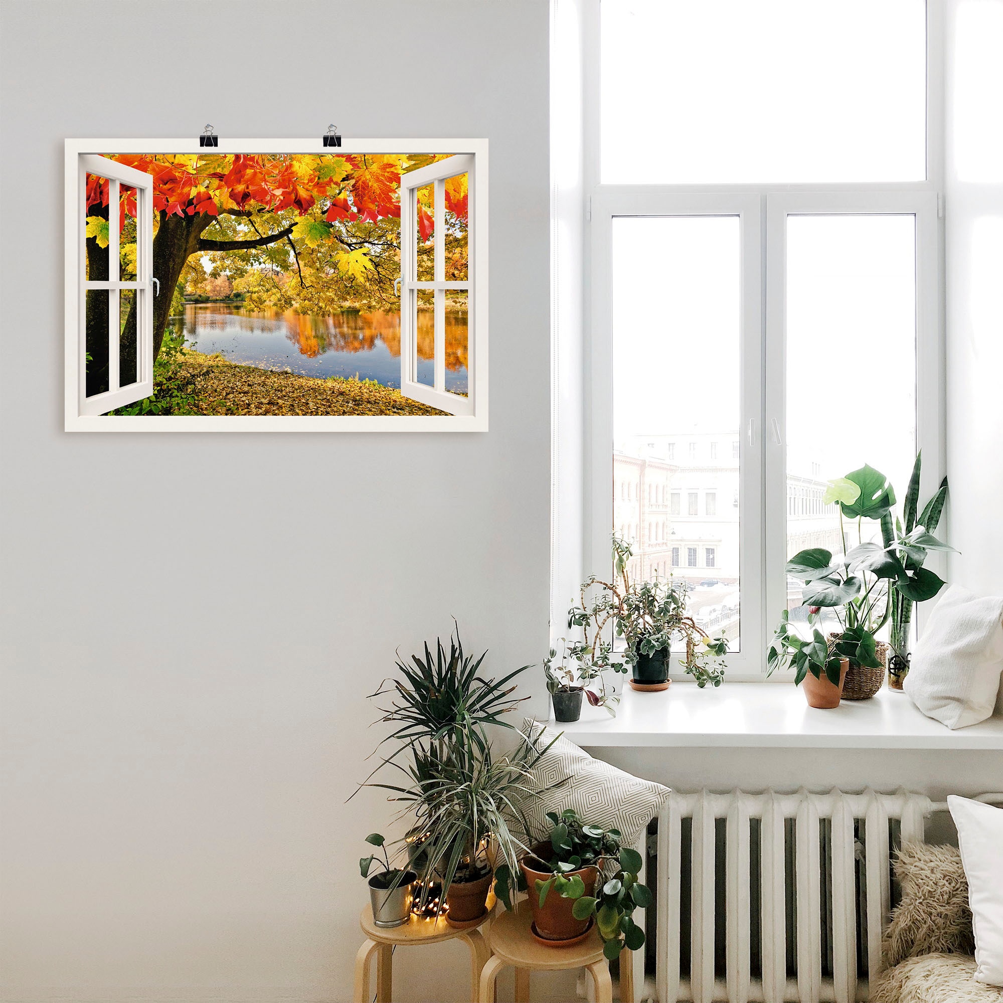 Artland Wandbild »Fensterblick Herbsttag an See«, St.), Wandaufkleber kaufen Gewässer, Grössen Alubild, oder versch. (1 einem in Poster als Leinwandbild