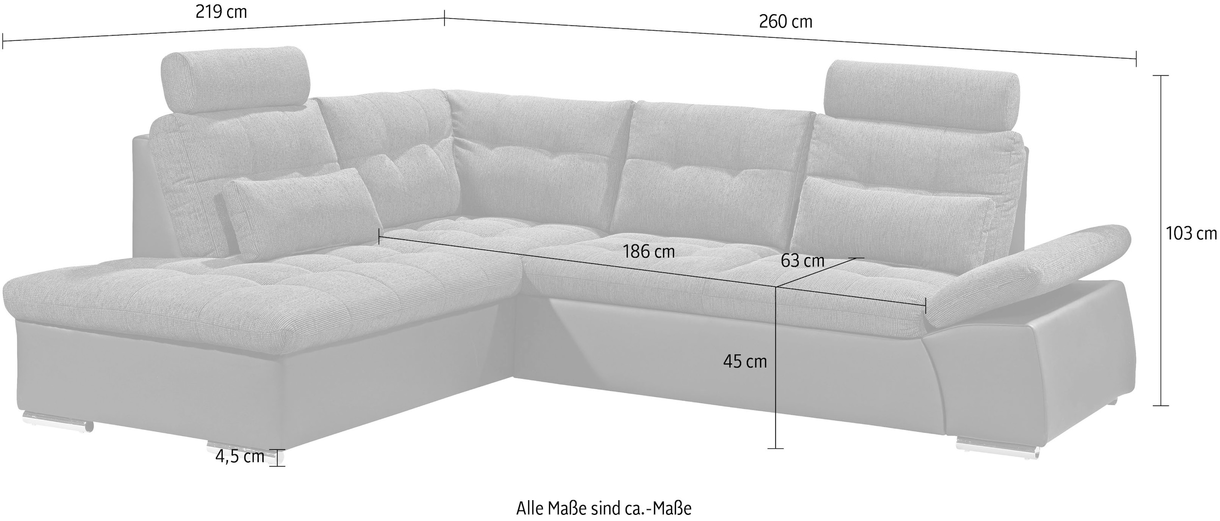 ED EXCITING DESIGN Ecksofa »Jakarta L-Form« mit Bettfunktion, Armteilverstellung, Kopfstützen & 2 Nierenkissen