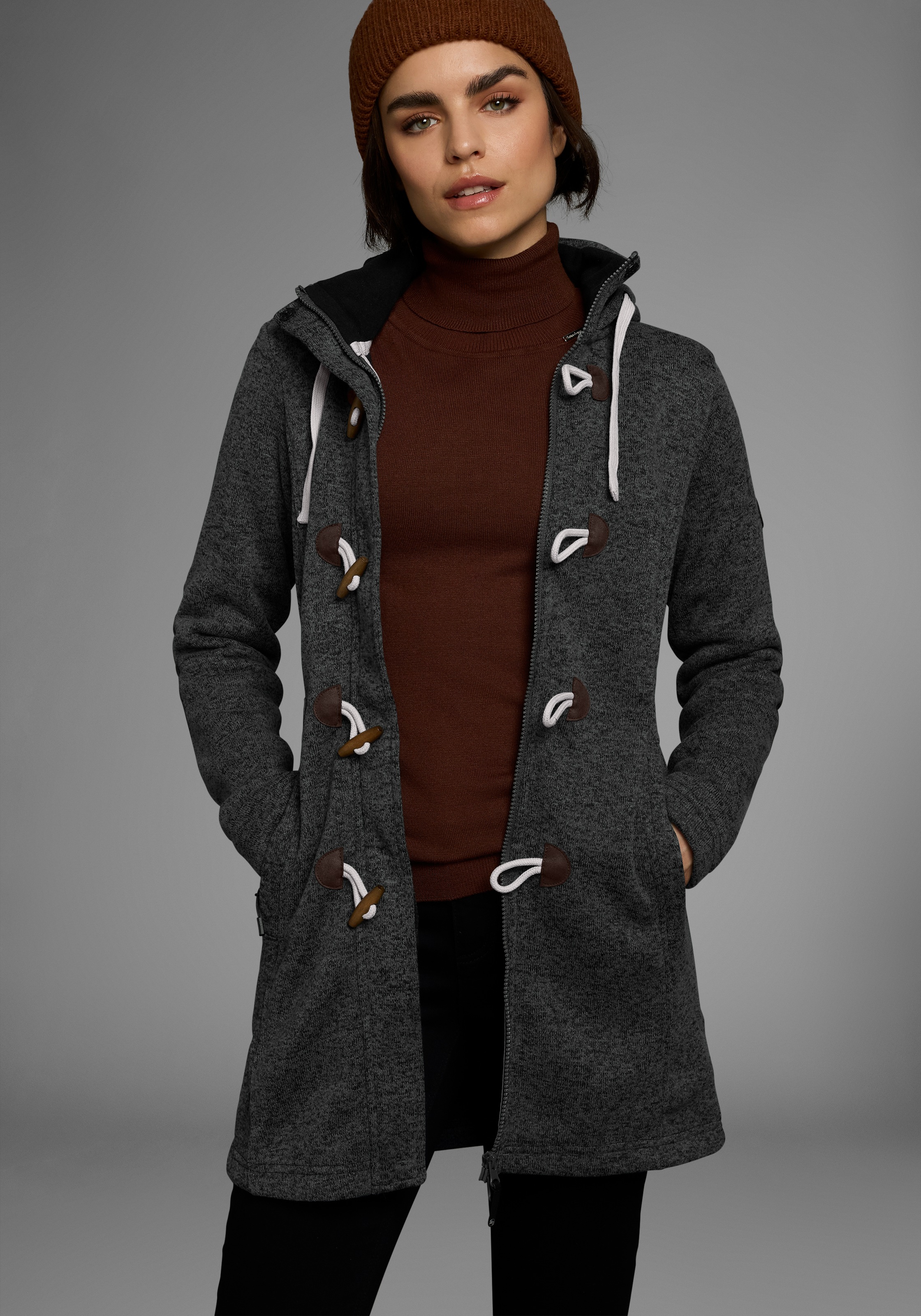 Polarino Strickfleecejacke mit Kapuze für den Übergang, aus Strickfleece, atmungsaktiv