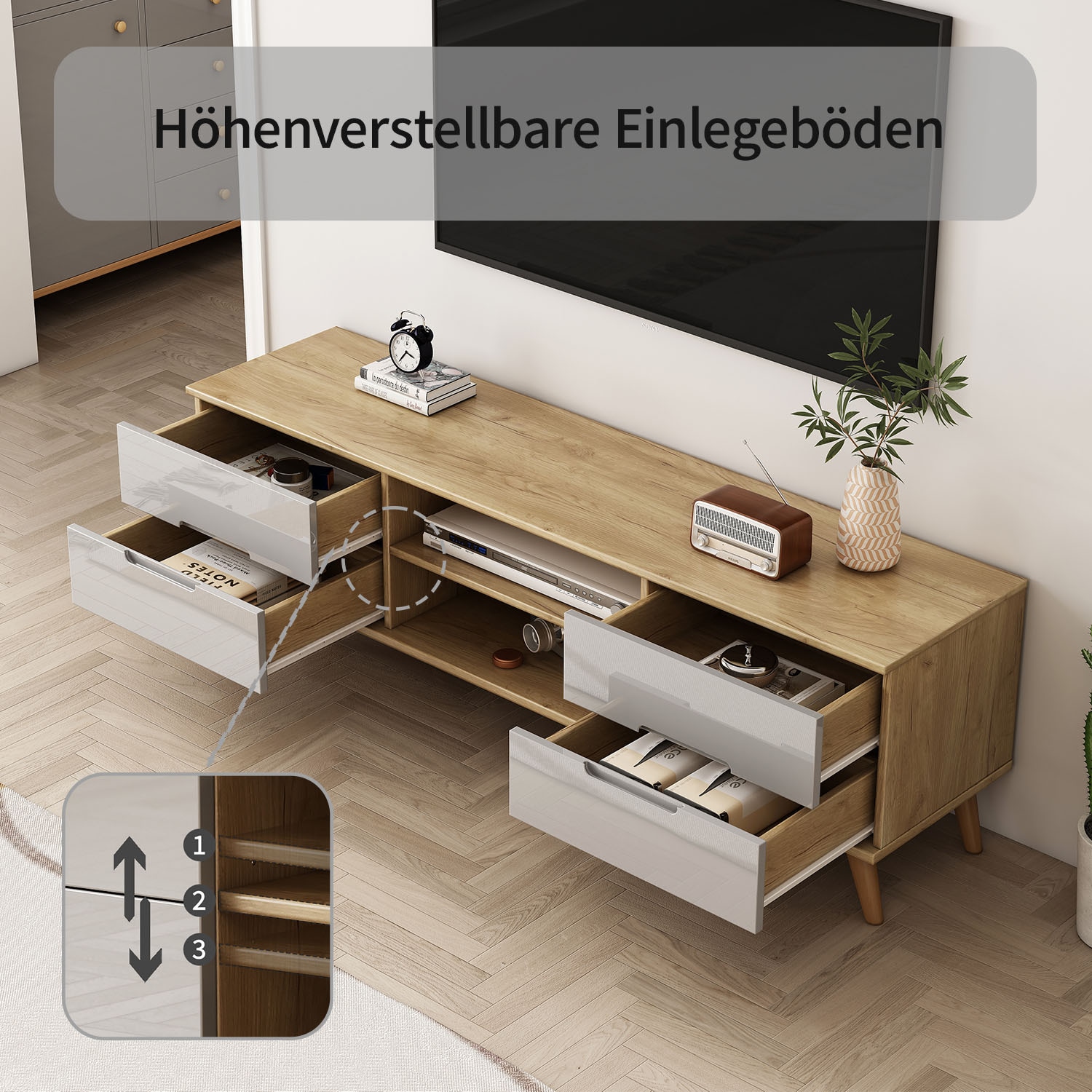 GOODproduct Tableau TV »Lund« glänzende Fronten, Kabeldurchführung, helles Holzdekor, Breite 160 cm