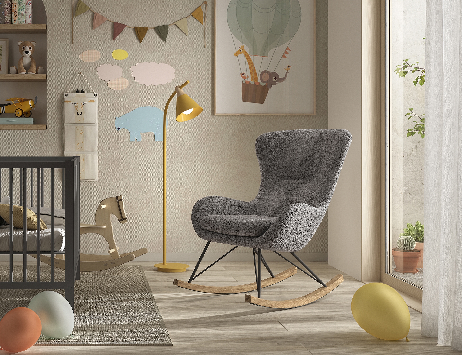 Vipack Schaukelsessel »Rocky, super bequemer Schaukelstuhl, runde zeitlose Formgebung« B/H/T ca. 76x101x110cm, Massivholz Kufen mit Bodenschutz,  Sitzschale mit flauschigem Bouclè Stoff gepolstert, wahlweise 2 Farben