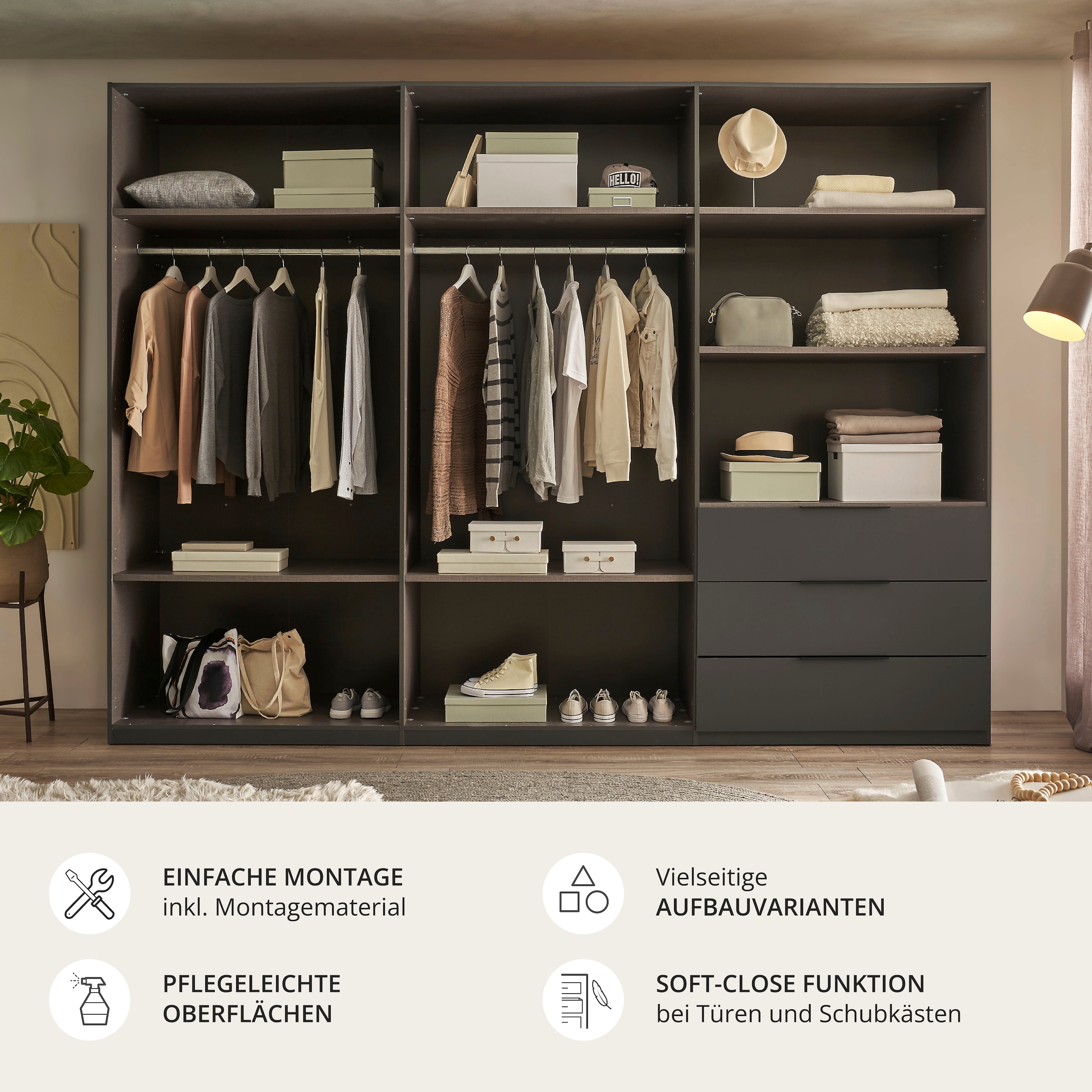 Schlafkontor Drehtürenschrank »Nuka 3m Kleiderschrank, Schrank mit 3 Schubkästen« mit farblicher Graphitabsetzung und Soft-Close-Funktion