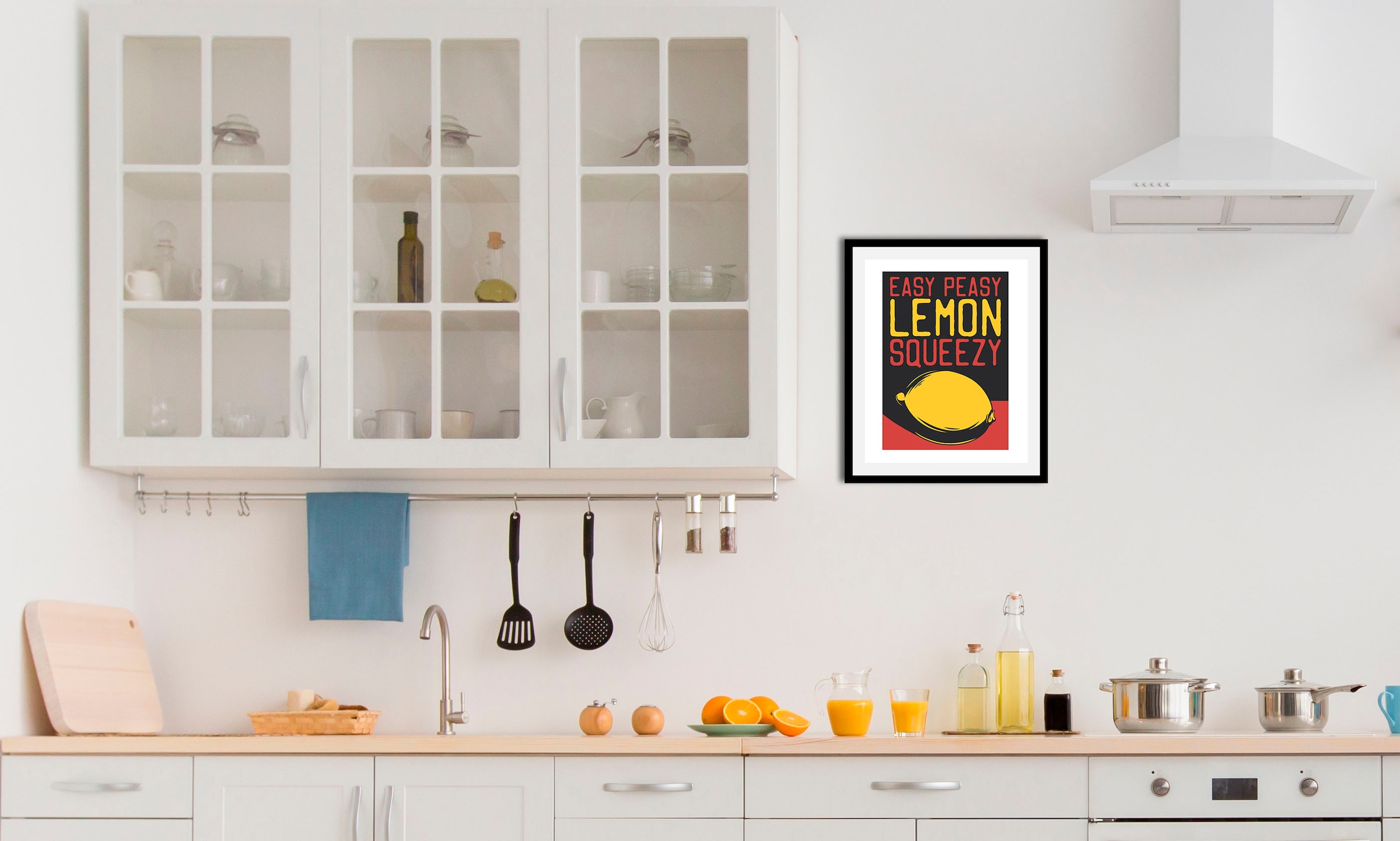 Image of queence Bild "Easy Peasy" Essen Humor Kunst Lebensmittel Obst Obst Bilder Schriftzug 1 Stk. tlg. HD Premium Poster-Druck inkl. Holzrahmen