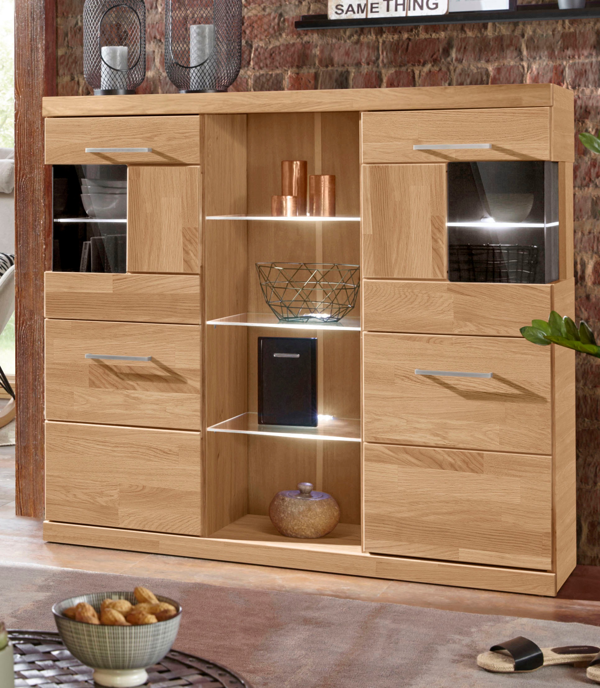 Image of GOODproduct Highboard "Ribe,120cm breit,112cm hoch,Oberplatte massiv,12 Fächer" Holz massiv, Holzwerkstoff, Metall Griffe,2Türen mit Glaseinsatz