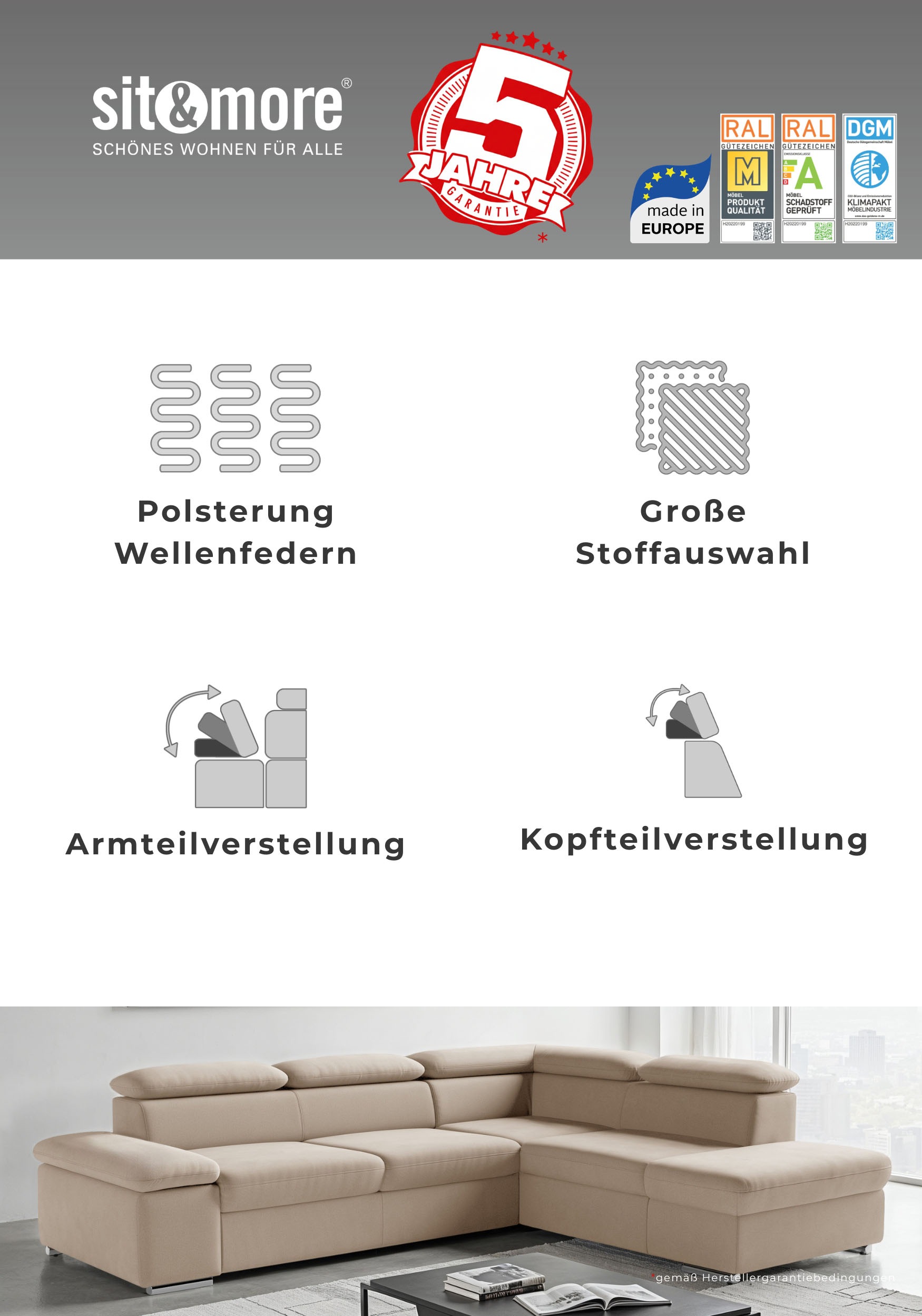 sit&more Ecksofa "Valantine L-Form, B: 286 cm" mit Arm- & Kopfteilverstellung, optional mit Schlaffunktion