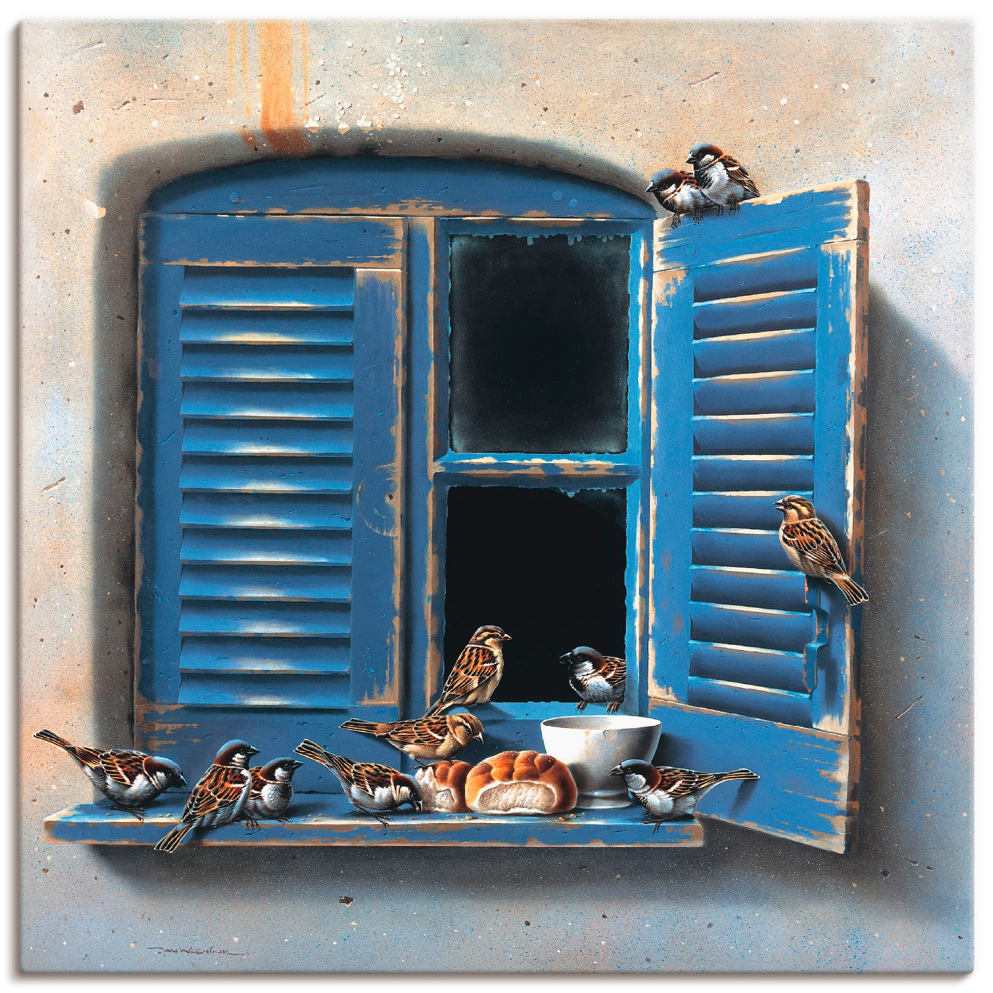 Image of Artland Leinwandbild "Vogelbesuch II" Fenster & Türen 1 Stk. tlg. auf Holzrahmen gespannt