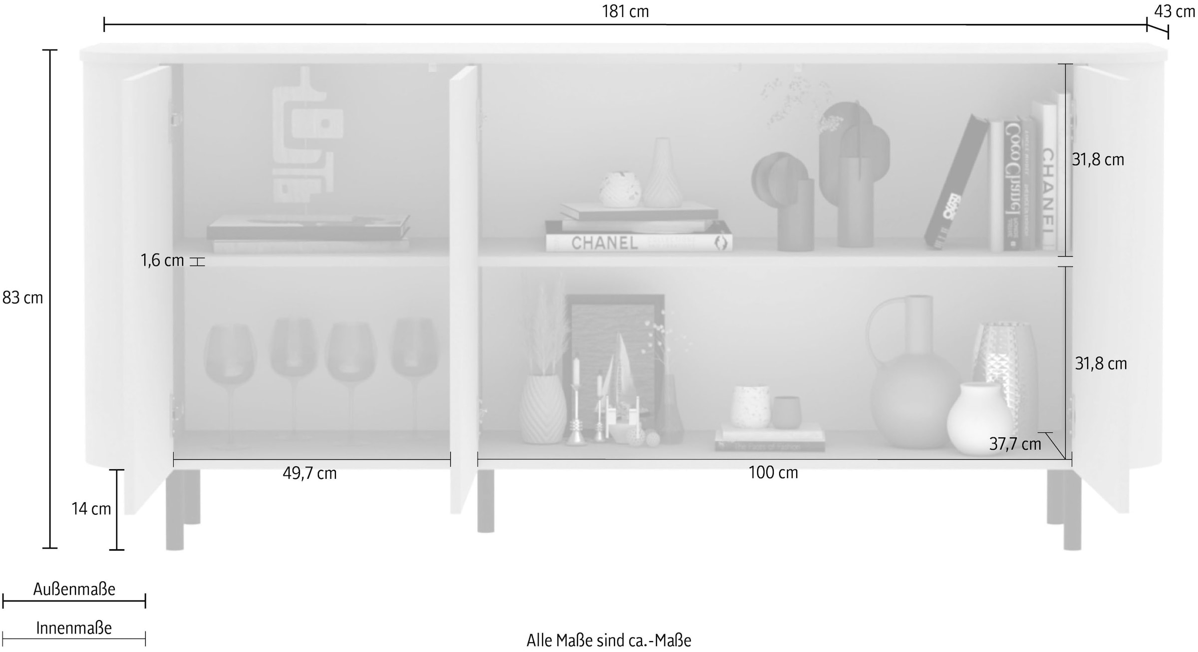 INOSIGN Sideboard »Lido, 181 cm breit, 3 Türen, Anrichte, Kommode, Stauraumschrank« Formgebogenes MDF, Stirnseiten mit Rundung, Push-to-open, Metallfüsse