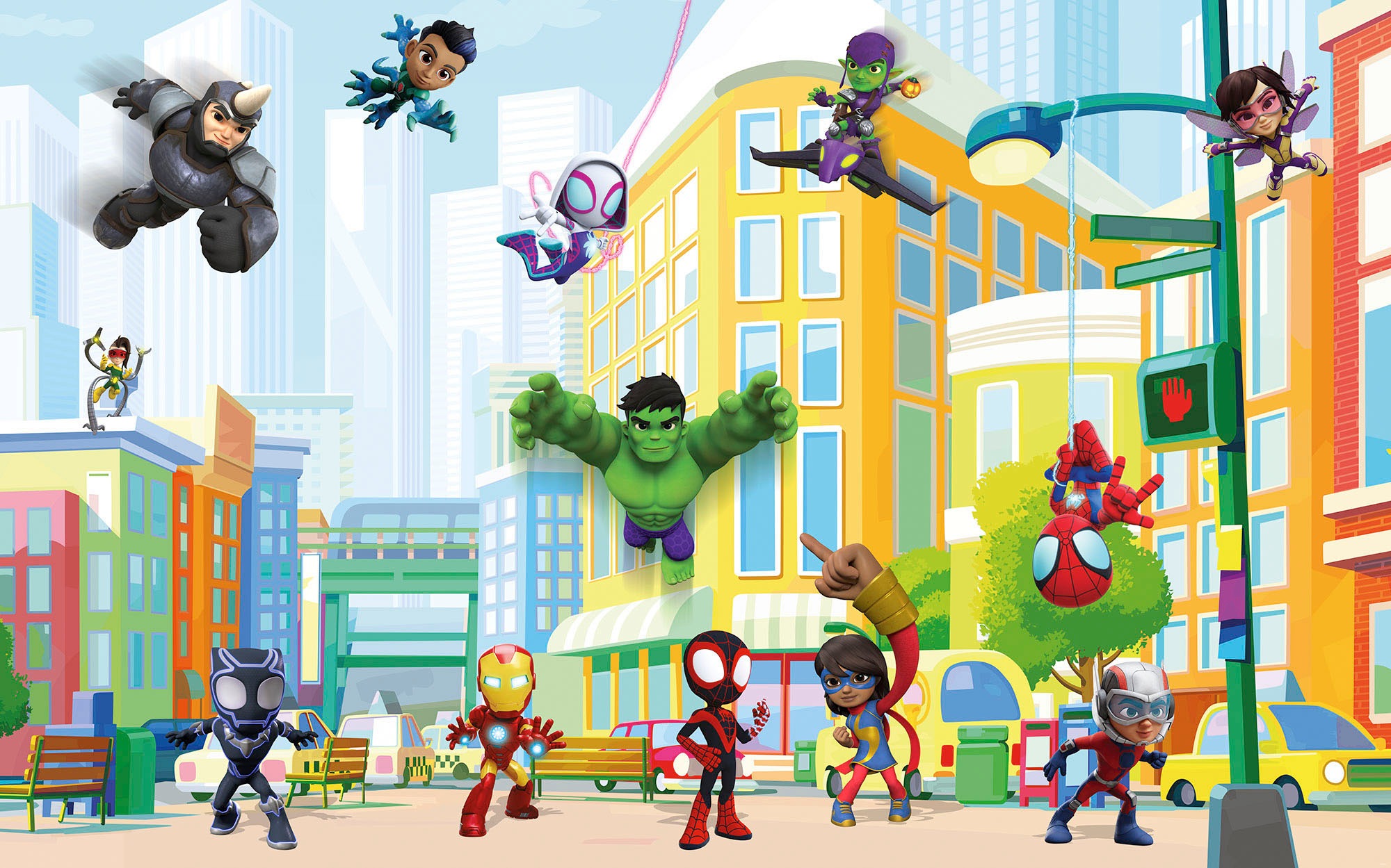 Komar Fototapete "Digitaldruck Vlies - Spidey Sightseeing Tour with Friends" bedruckt glatt Kinderzimmer
