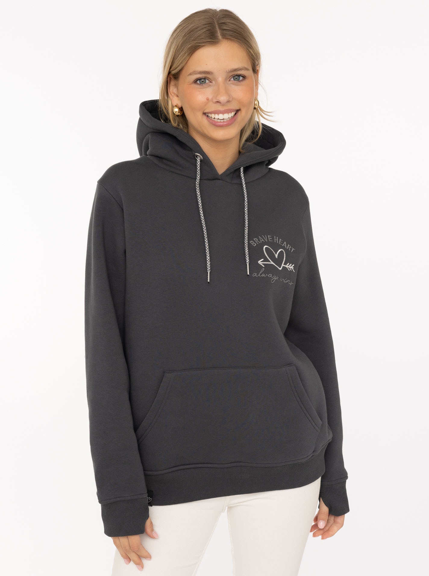 Image of Zwillingsherz Hoodie ""Trust"", Pailletten Herz und Schriftzug, glänzende Kordel