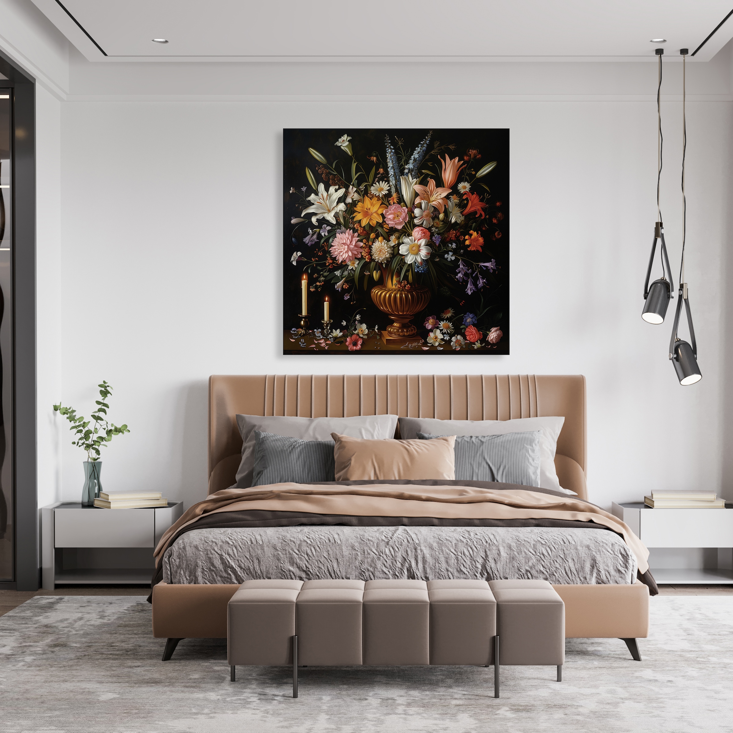 queence Leinwandbild »Blumenstrauss und Kerzen« Blumen | Blumenbilder | Gemälde | Kunst | Pflanzen | Pflanzenbilder | Romantisch | Stillleben | Vasen | Vasen & Töpfe 1 Stk. tlg. Premium-Leinwandstoff, Handarbeit aus Deutschland