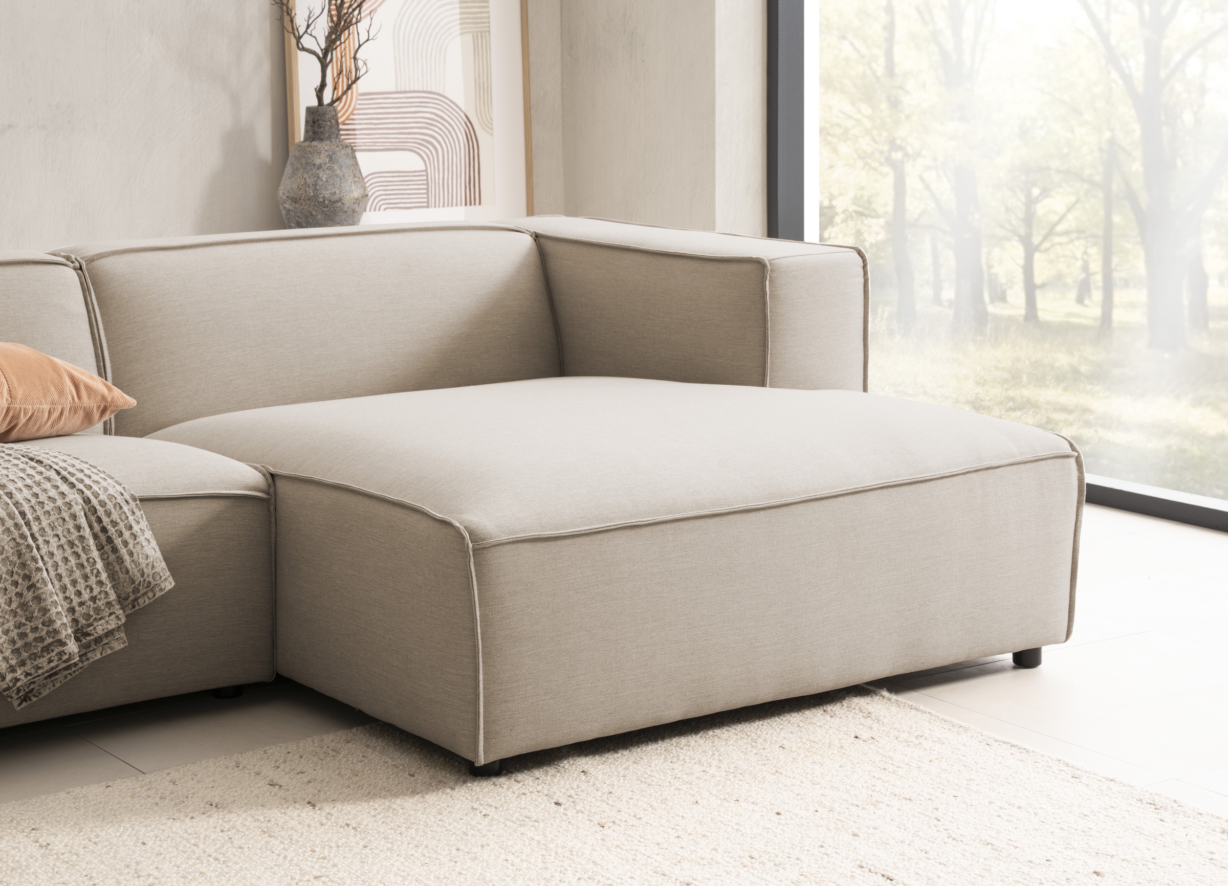 LeGer Home by Lena Gercke Ecksofa »PIARA mit Kedernaht in Cord oder Leinenoptik, moderne Couch in L-Form«, wahlweise Ottomane rechts/links, schwarze Füsse, bequemer Sitzkomfort