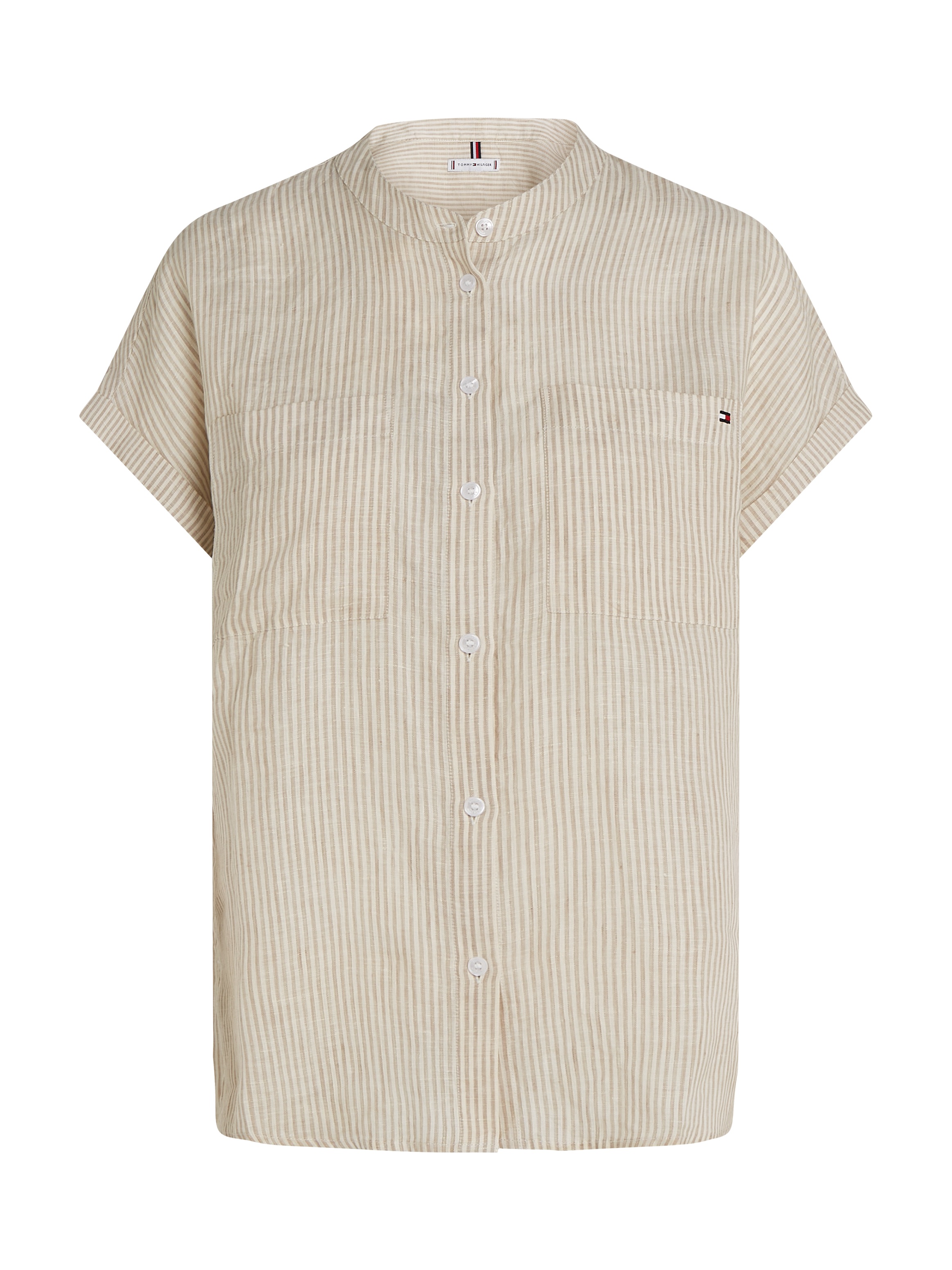 Tommy Hilfiger Kurzarmbluse »ESS LINEN COLLARLESS S/S BLOUSE«, mit Logostickerei,kühlendes Premium Leinen