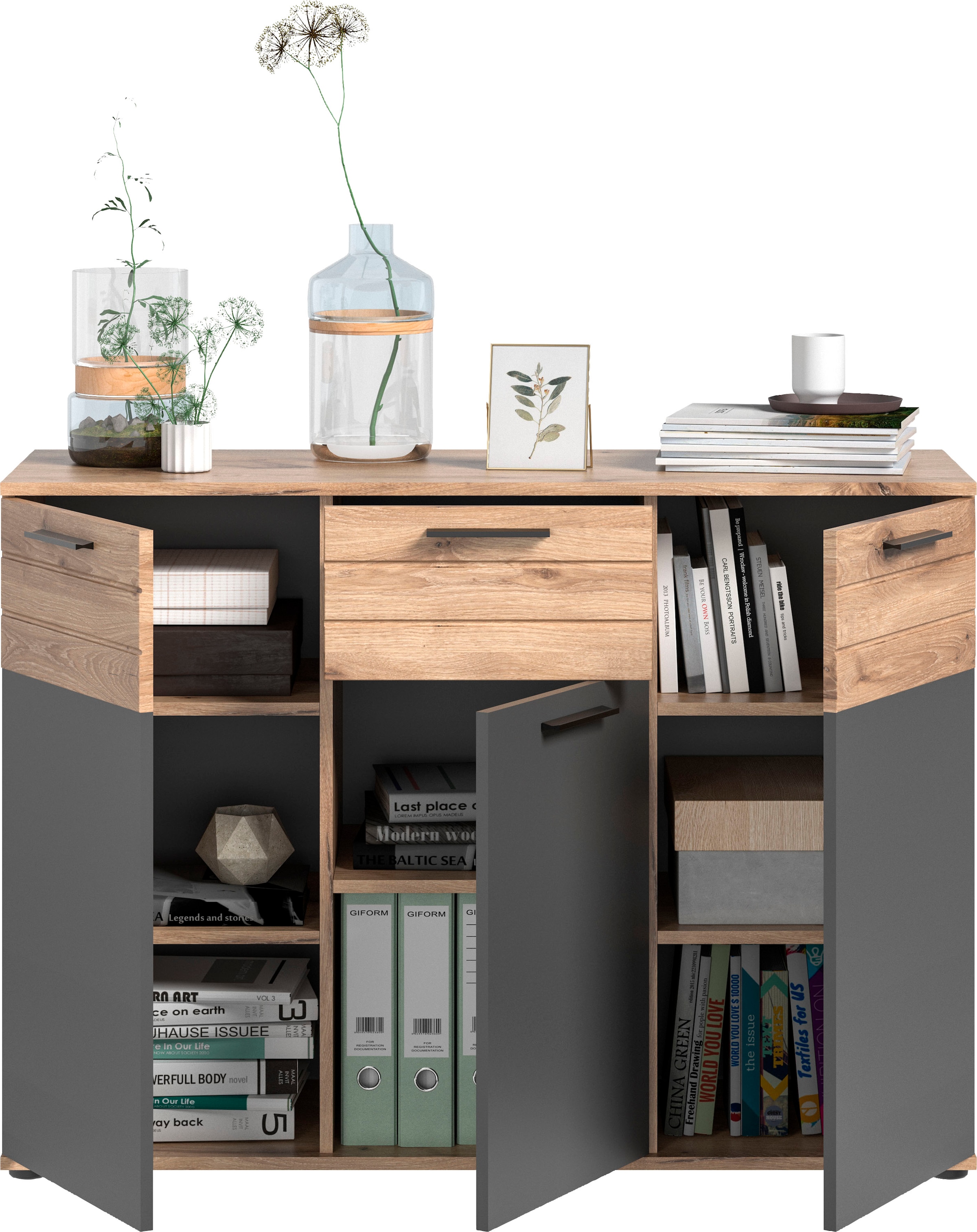 INOSIGN Sideboard »Riga, Breite 120cm, 3 Türen, 1 Schubkasten, 5 Einlegeböden, 8 Fächer« hochwertige Rillenfräsung, mit Softclose, Kommode, Anrichte, Schrank