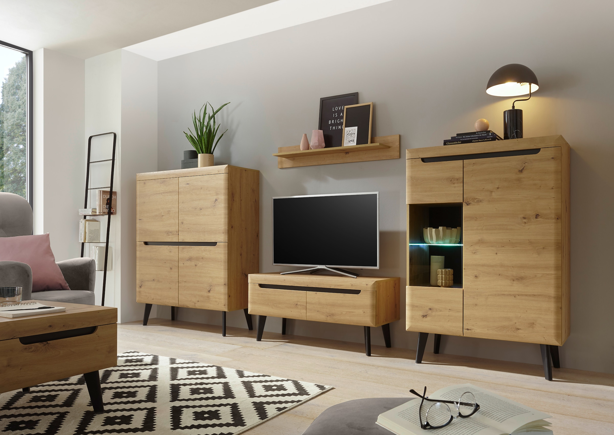 INOSIGN Highboard »Torge, Kommode, Schrank, Sideboard, Anrichte, Mehrzweckschrank«, (1 St.), abgeschrägte Füsse, drei Farben, Scandi Design, 107 cm breit