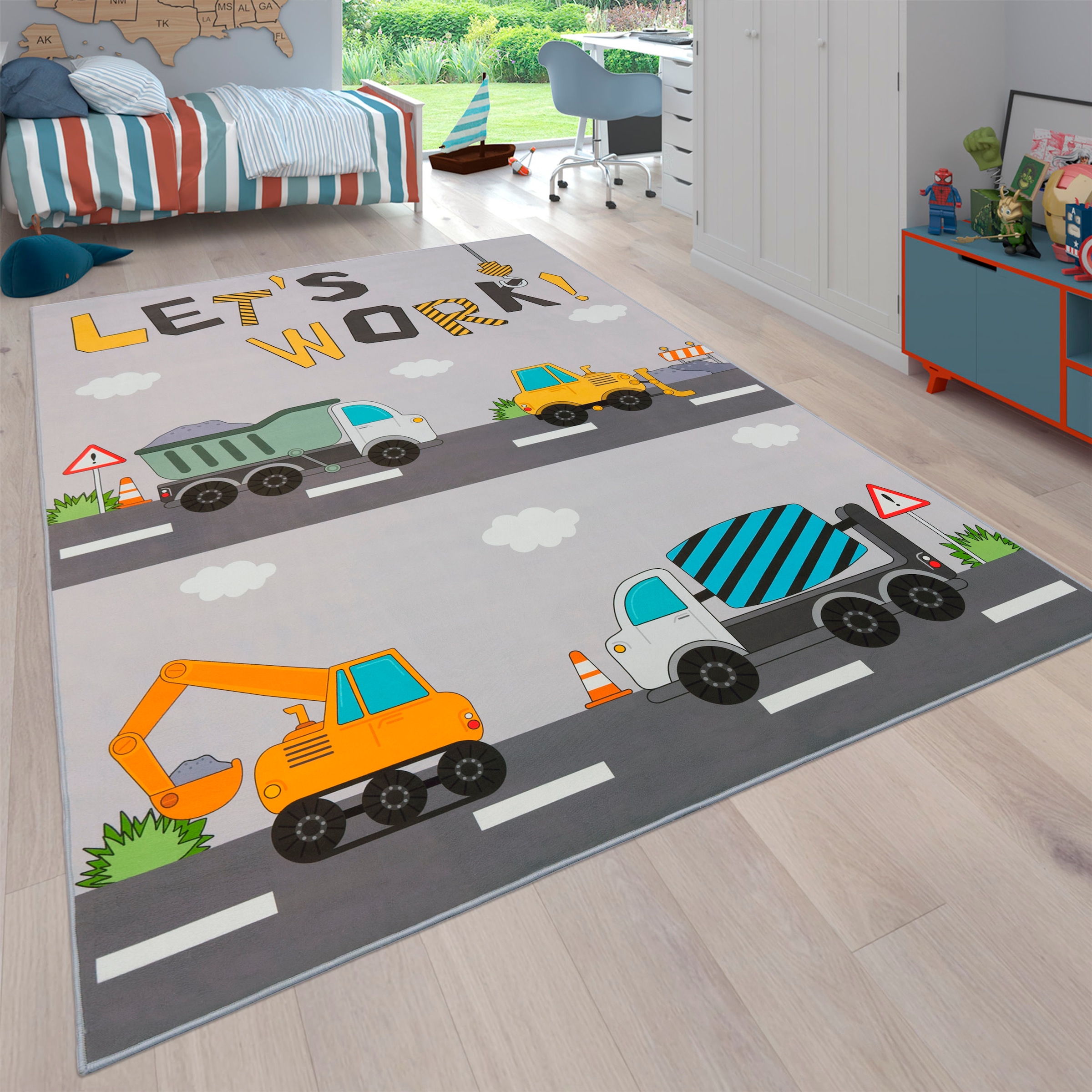 Image of Paco Home Kinderteppich "Bino 578" rechteckig 4 mm Höhe Spielteppich, Motiv Autos & Baustelle, Kinderzimmer
