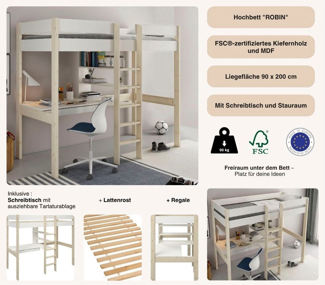 GOODproduct Hochbett »Stockbett, Kinderbett, "ROBIN " FSC® zertifiziertes Massivholz« mit Schreibtisch und Regalen